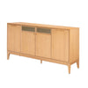 Three-quarter perspective view of the Arizona 4-door sideboard in a natural oak finish featuring two central metal mesh door inlays and tapered wood legs