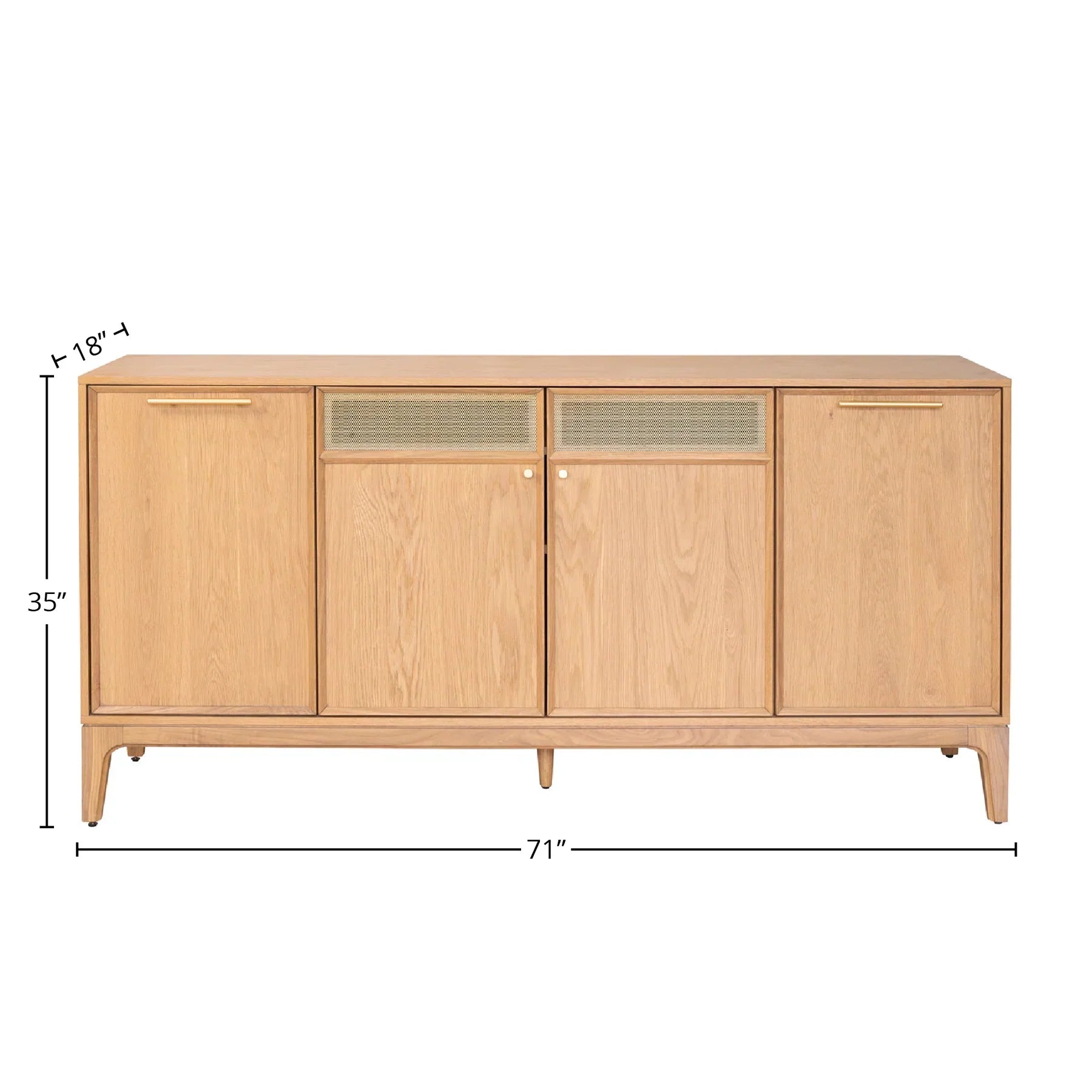 Three-quarter perspective view of the Arizona 4-door sideboard in a natural oak finish featuring two central metal mesh door inlays and tapered wood legs