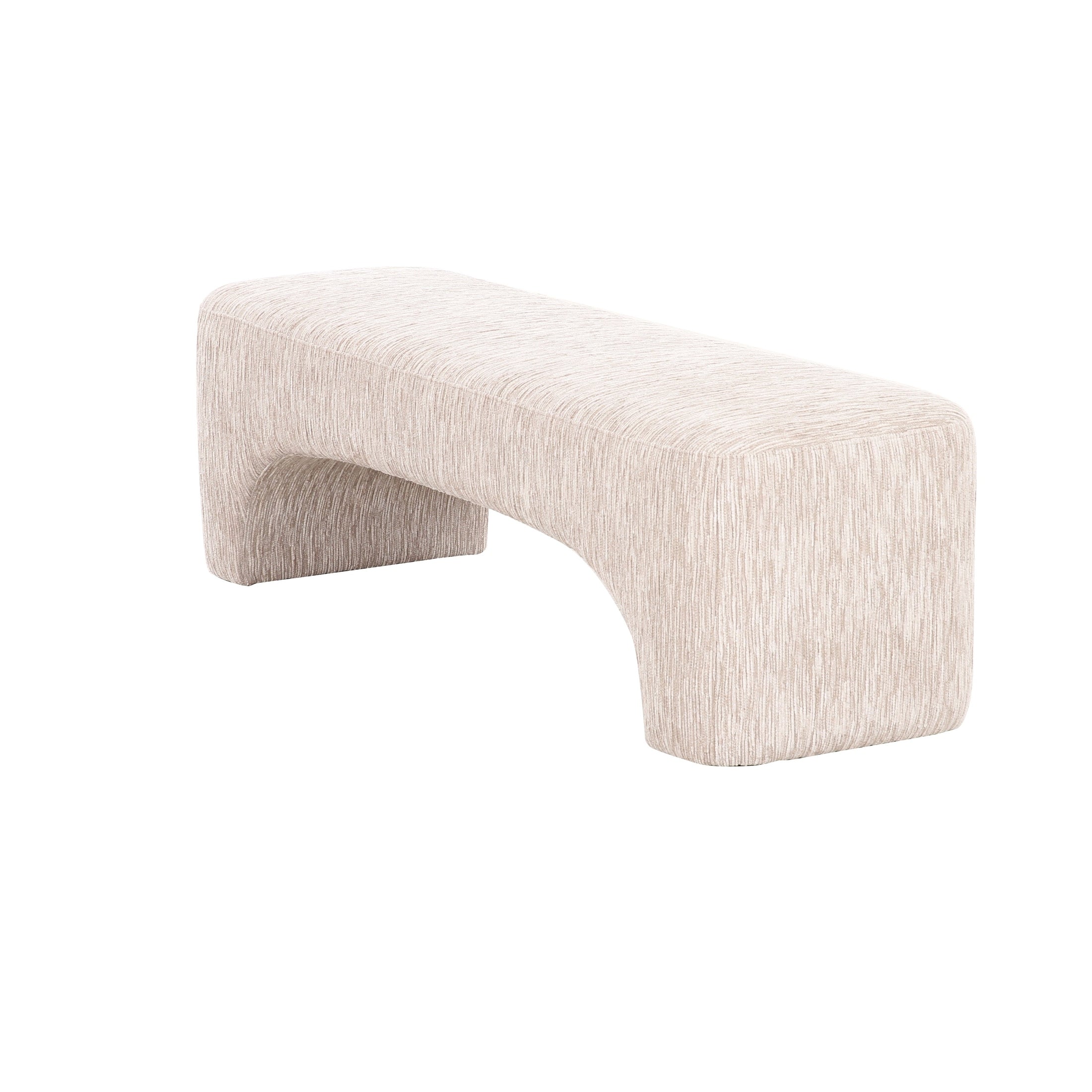 Front view of the Arka upholstered bench featuring a seamless arched base and cream textured fabric
