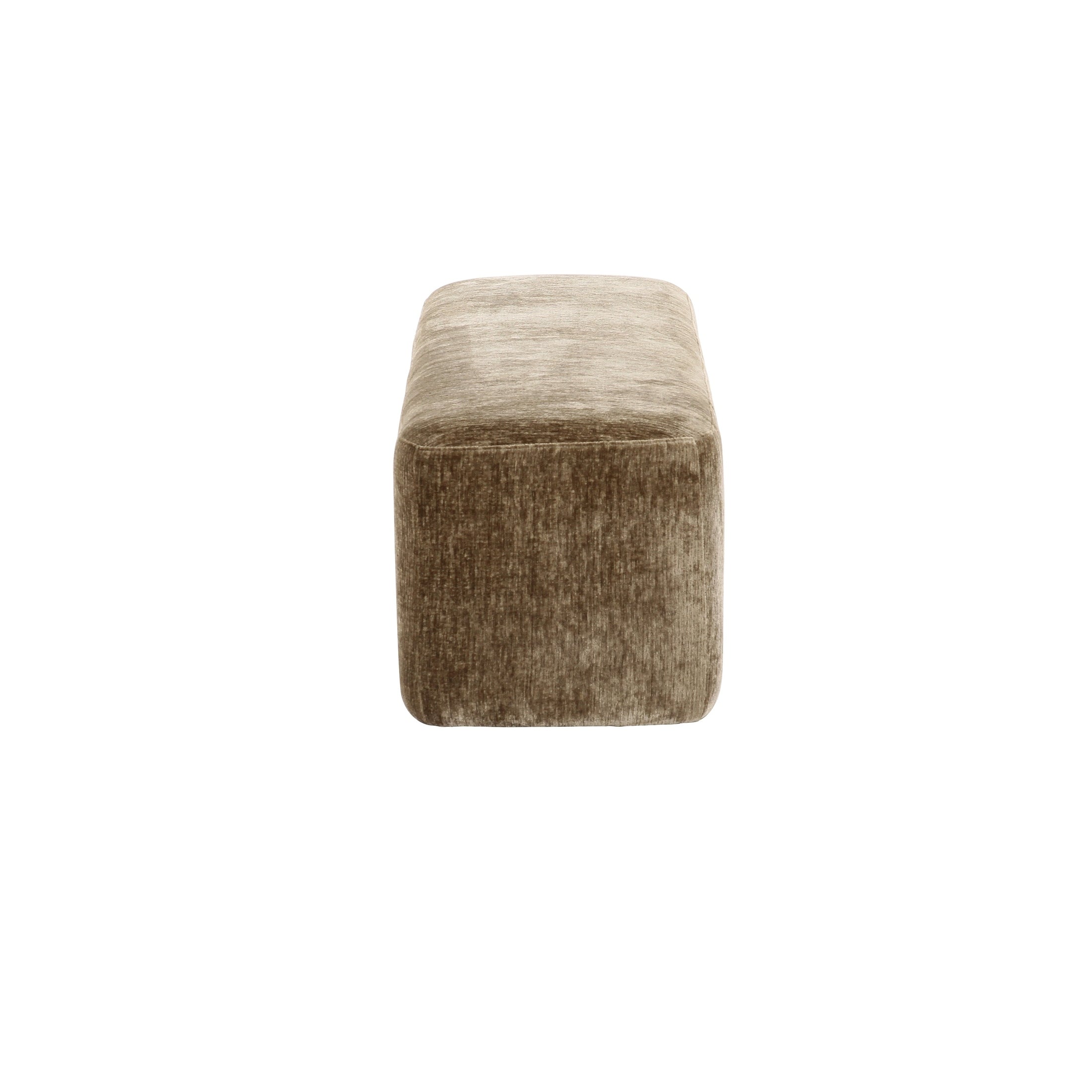 Front view of the Arka upholstered bench featuring an architectural arched base and rich mink-toned textured fabric