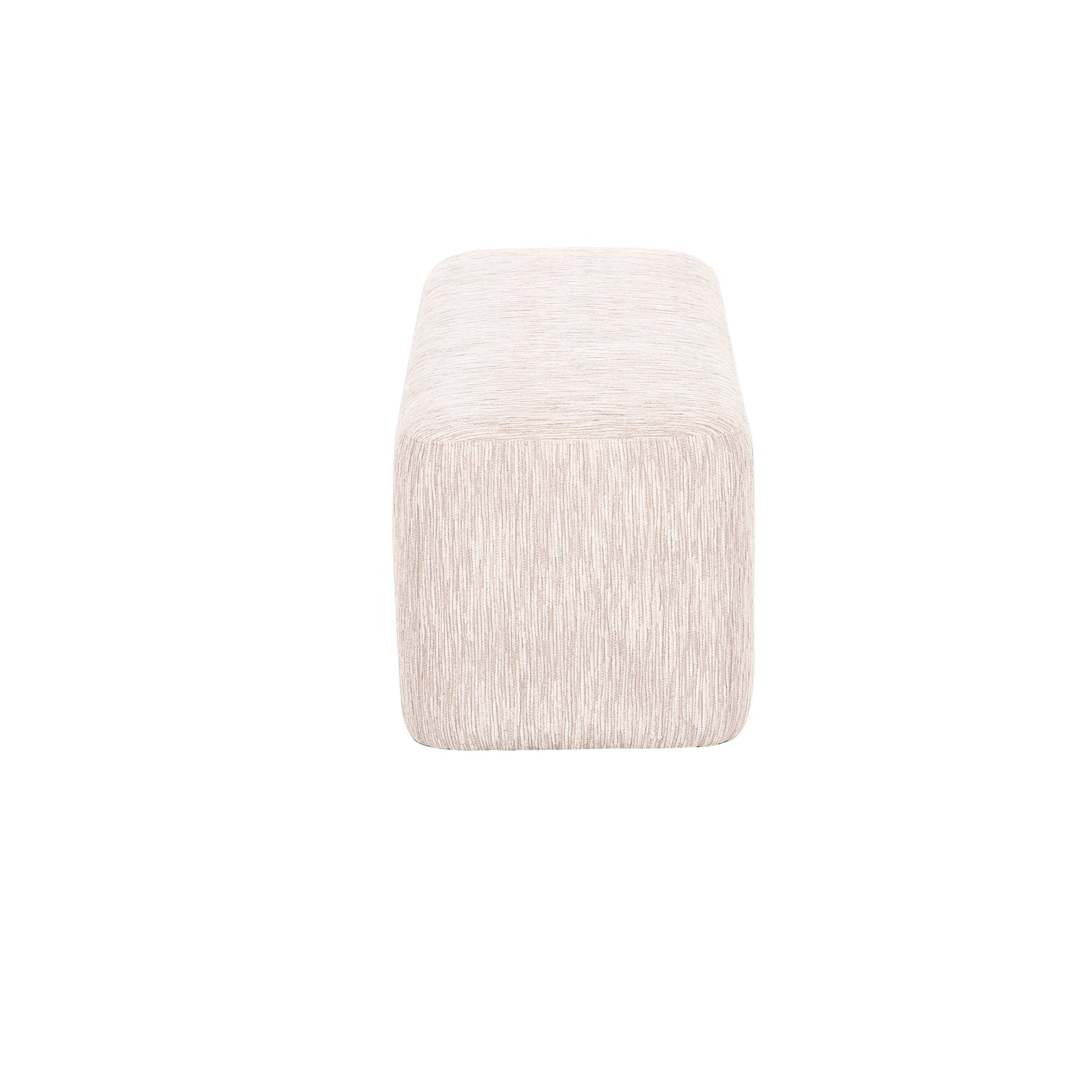 Front view of the Arka upholstered bench featuring a seamless arched base and cream textured fabric