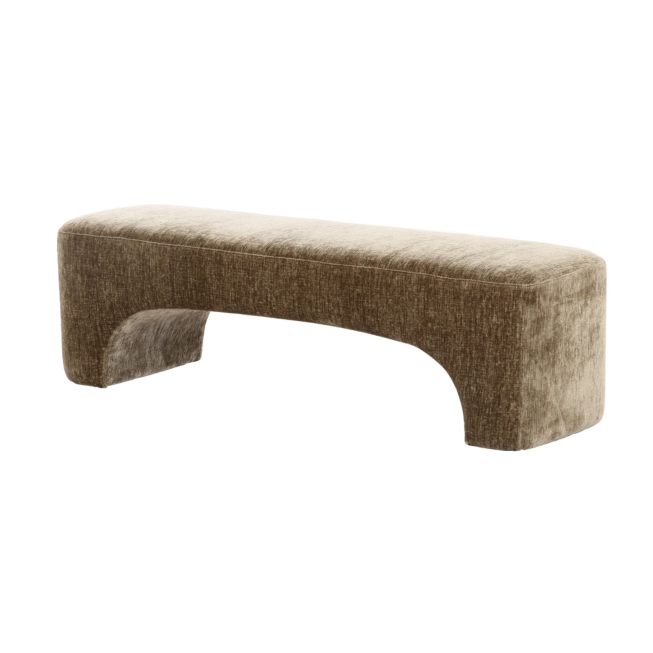 Front view of the Arka upholstered bench featuring an architectural arched base and rich mink-toned textured fabric