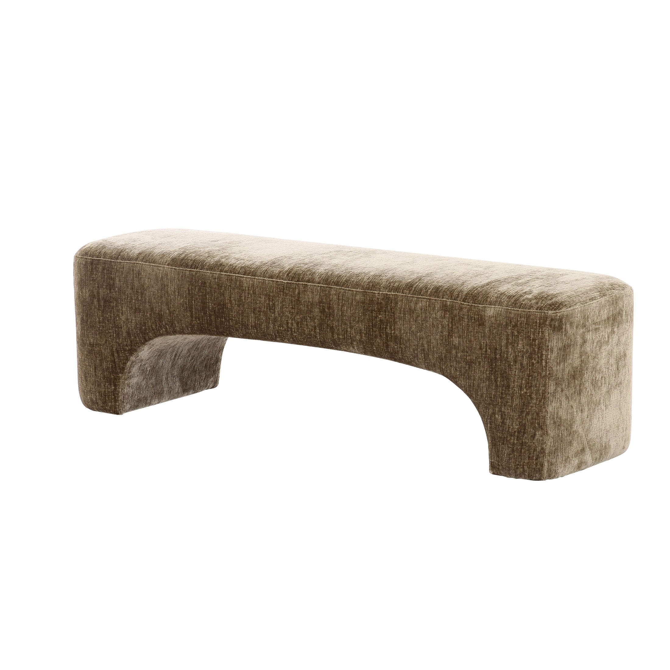 Front view of the Arka upholstered bench featuring an architectural arched base and rich mink-toned textured fabric