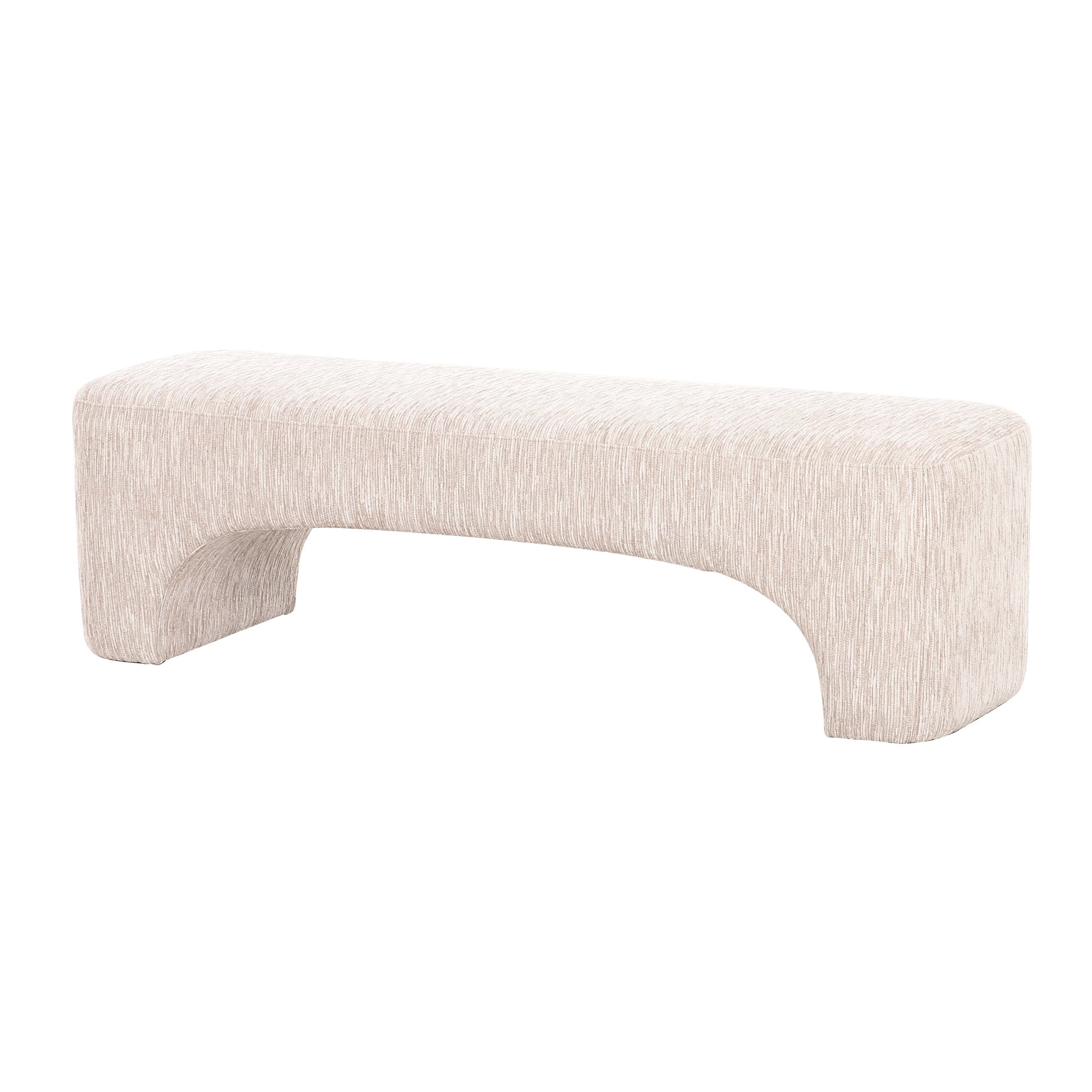 Front view of the Arka upholstered bench featuring a seamless arched base and cream textured fabric
