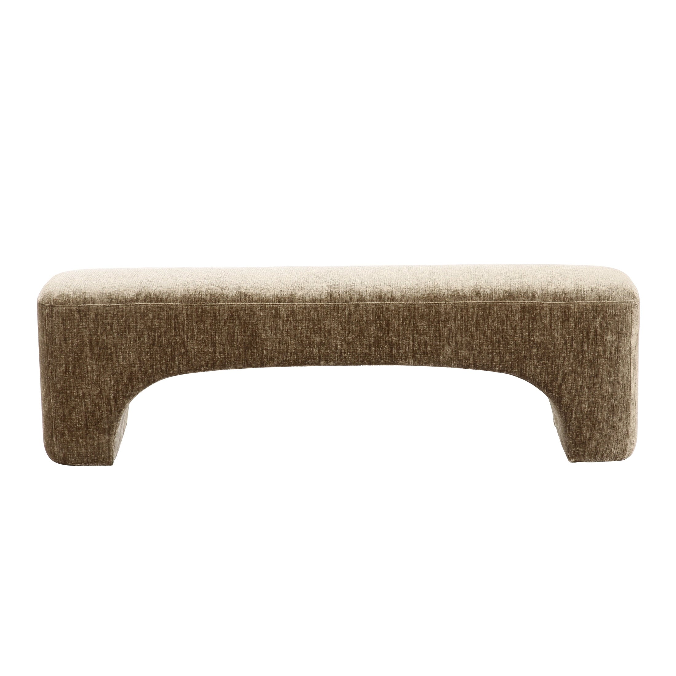 Front view of the Arka upholstered bench featuring an architectural arched base and rich mink-toned textured fabric