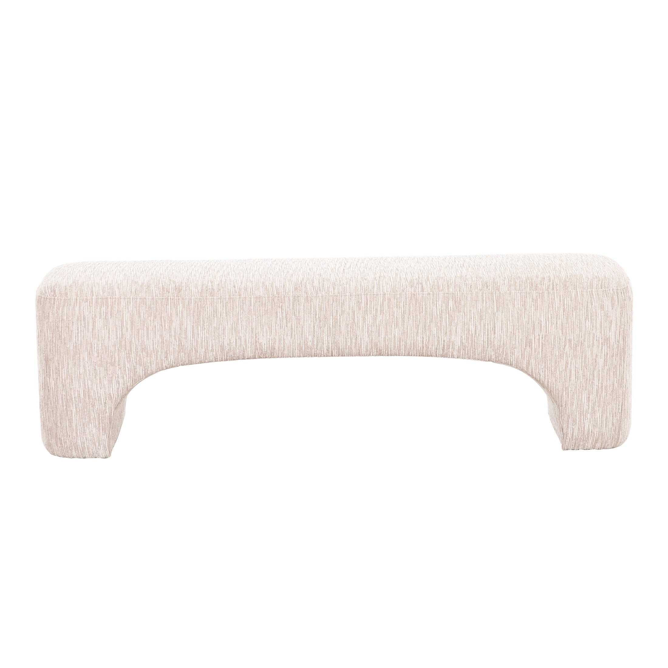 Front view of the Arka upholstered bench featuring a seamless arched base and cream textured fabric