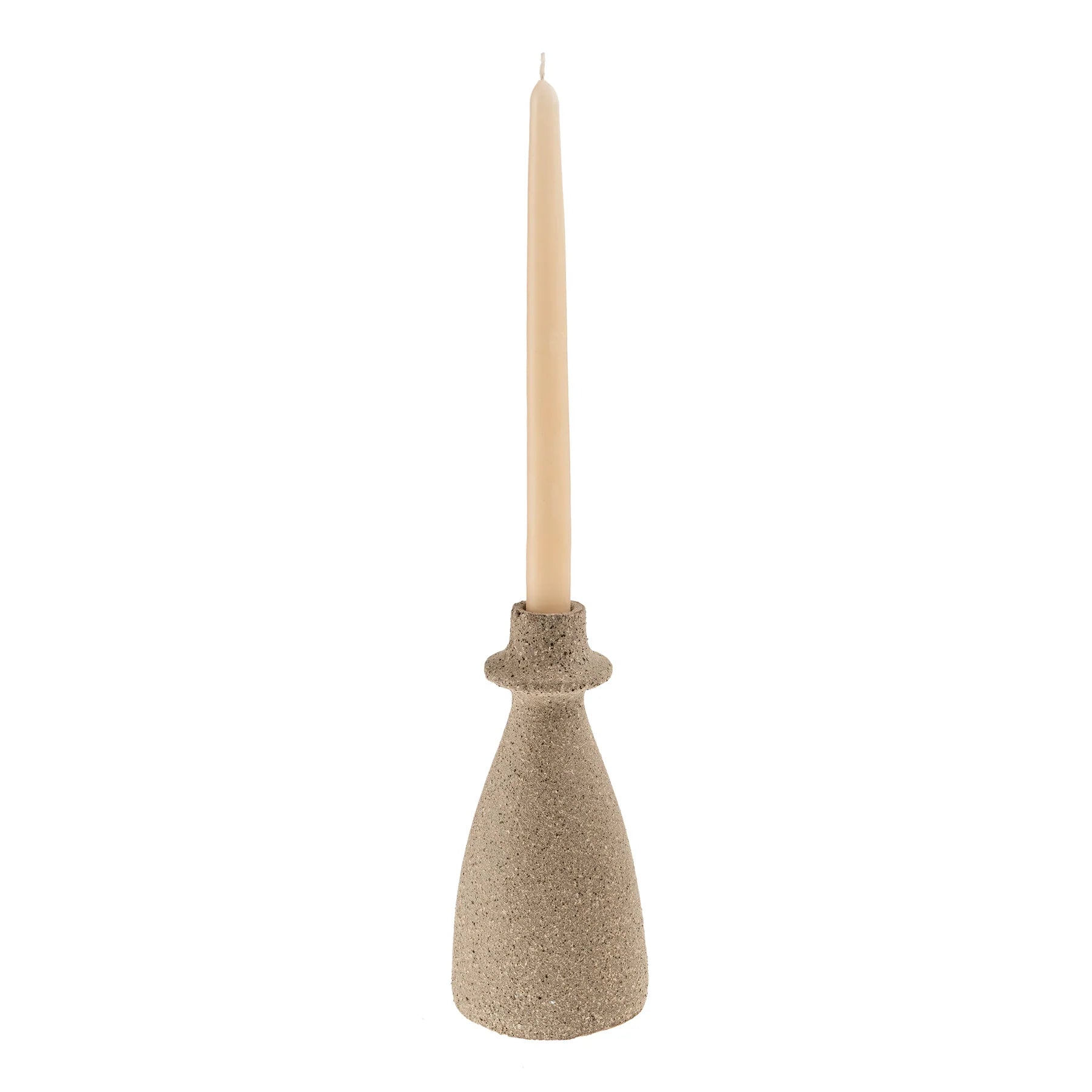 Front view of the Arta terracotta candle holder featuring a conical base and textured sandstone finish with a cream taper candle