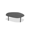 Front view of the large Arzo coffee table featuring a charcoal grey slate top with an organic pebble shape and minimalist black metal legs