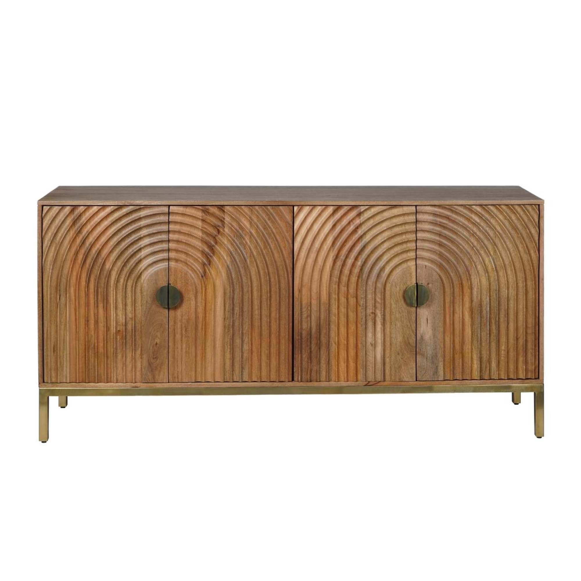 Front view of the Asher accent cabinet featuring rich natural mango wood construction with two large symmetrical arched carved door designs and a slim gold metal base