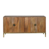 Front view of the Asher accent cabinet featuring rich natural mango wood construction with two large symmetrical arched carved door designs and a slim gold metal base