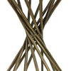 Close-up shot focusing on the intersection of the slender gold metal rods that form the sculptural hourglass pedestal