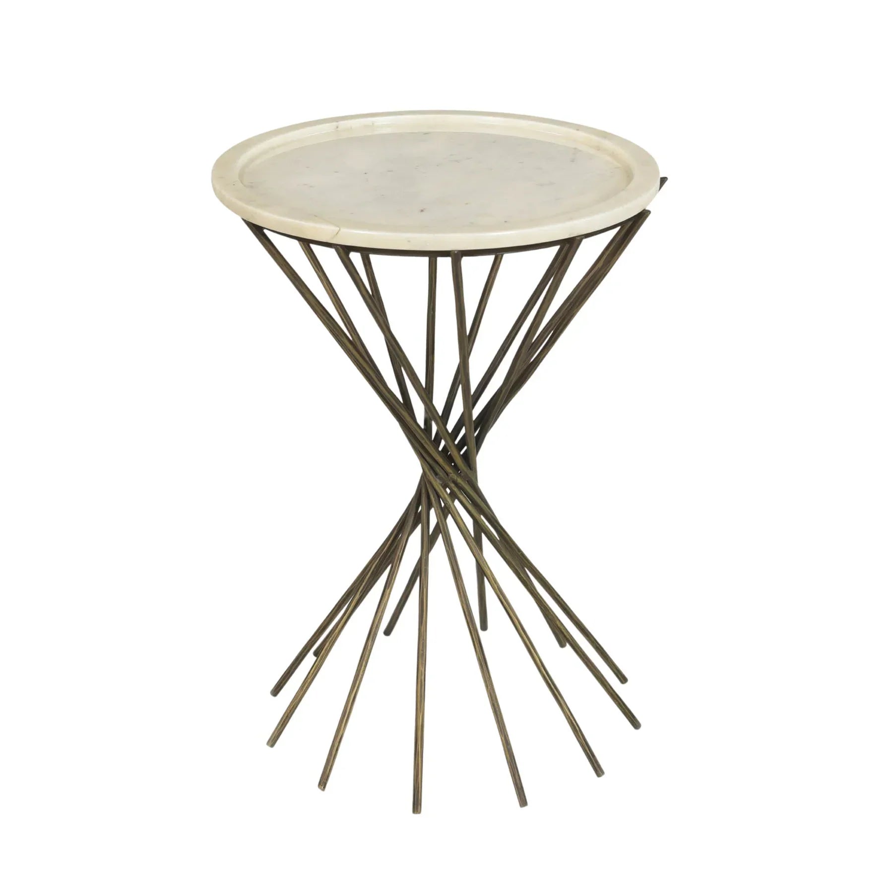 Perspective shot highlighting the unique crossed metal rod design of the gold hourglass base and the polished marble surface