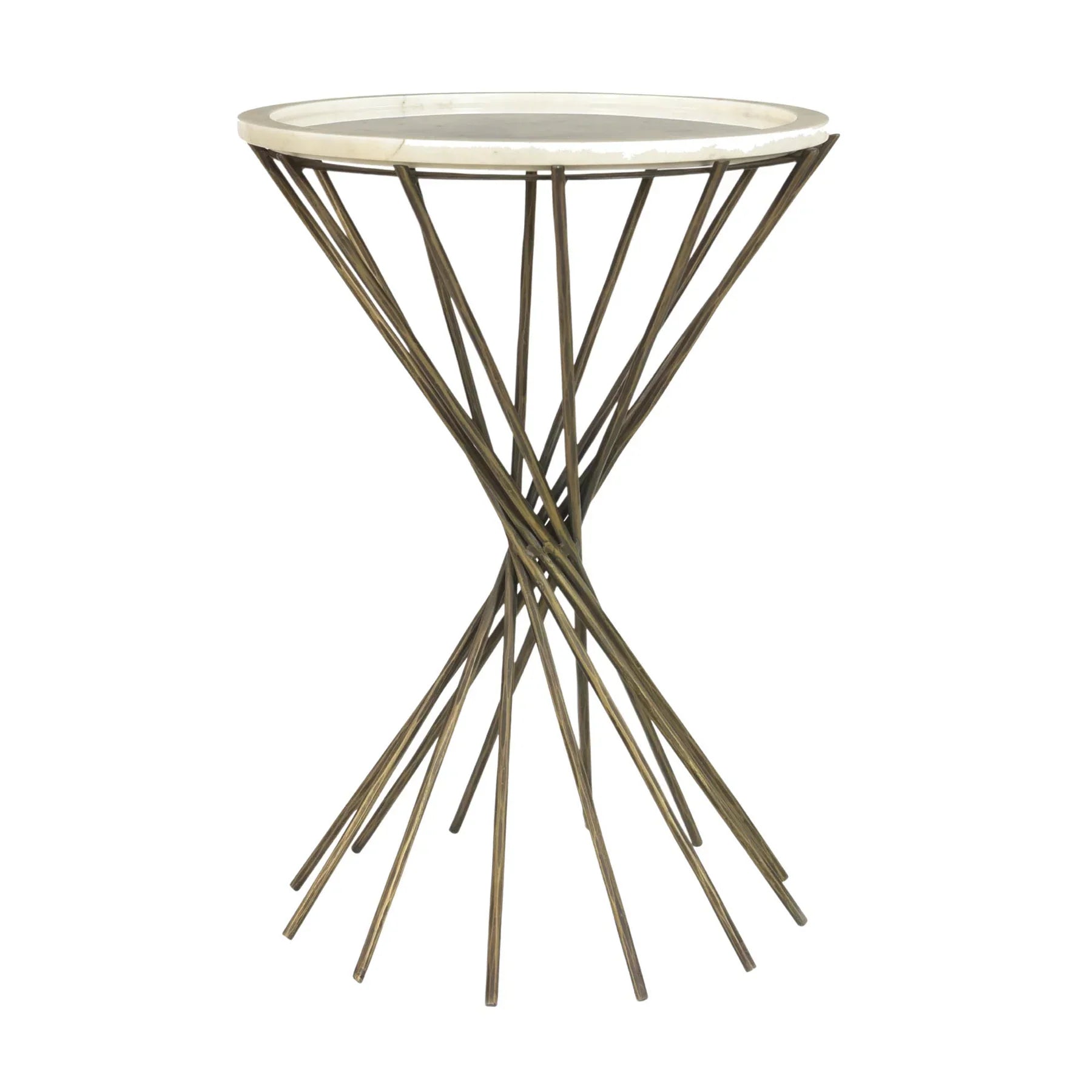 Front view of the Astra side table featuring a circular white marble top supported by an architectural gold hourglass metal base