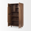 Front view with both doors open to reveal multiple internal shelves and a dedicated vertical storage compartment