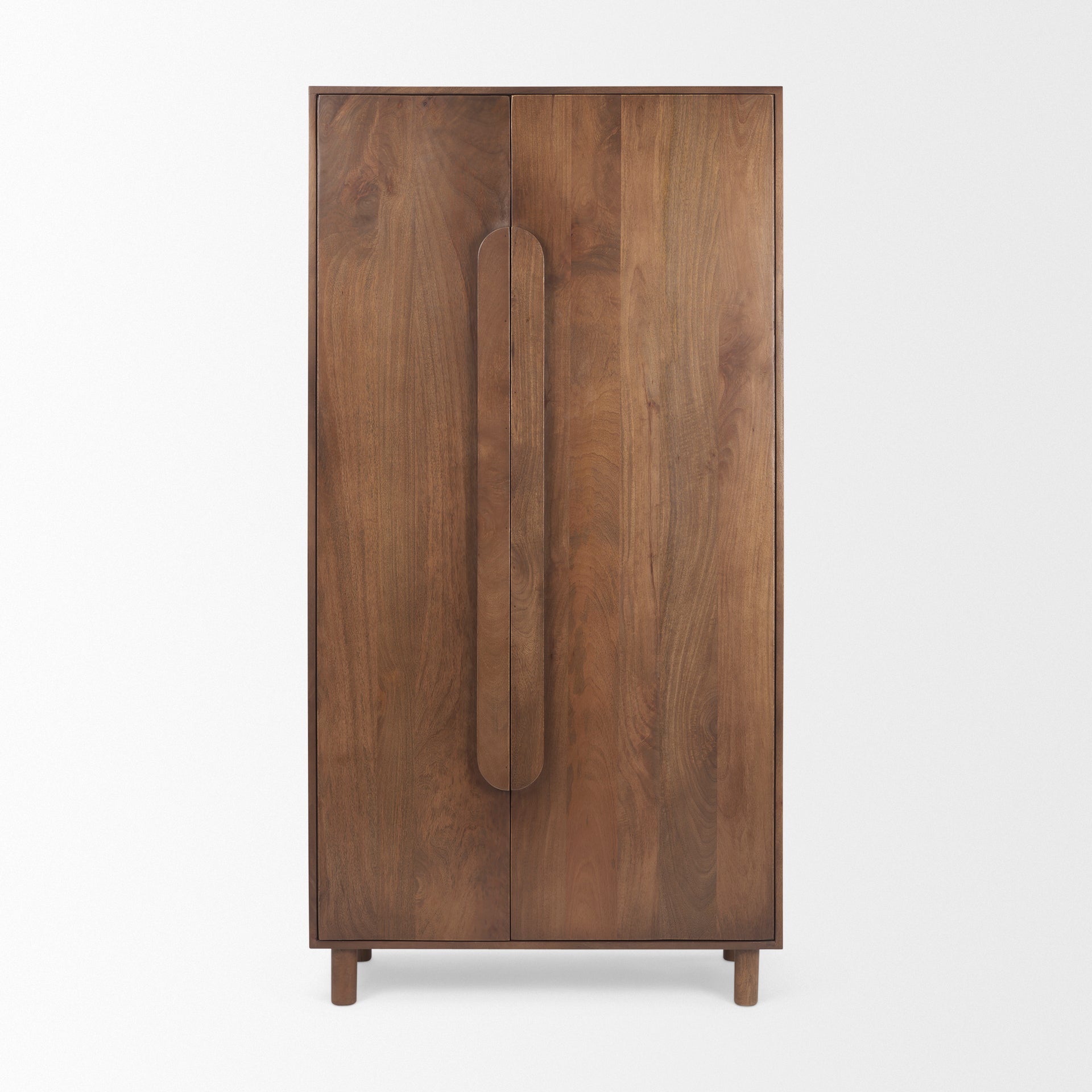 Front perspective view of the Astrid solid wood armoire in a warm medium brown finish featuring signature organic tablet-style door handles