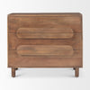 Front view of the Astrid 3-drawer cabinet featuring a warm walnut finish on solid wood with unique integrated oval-shaped drawer pulls