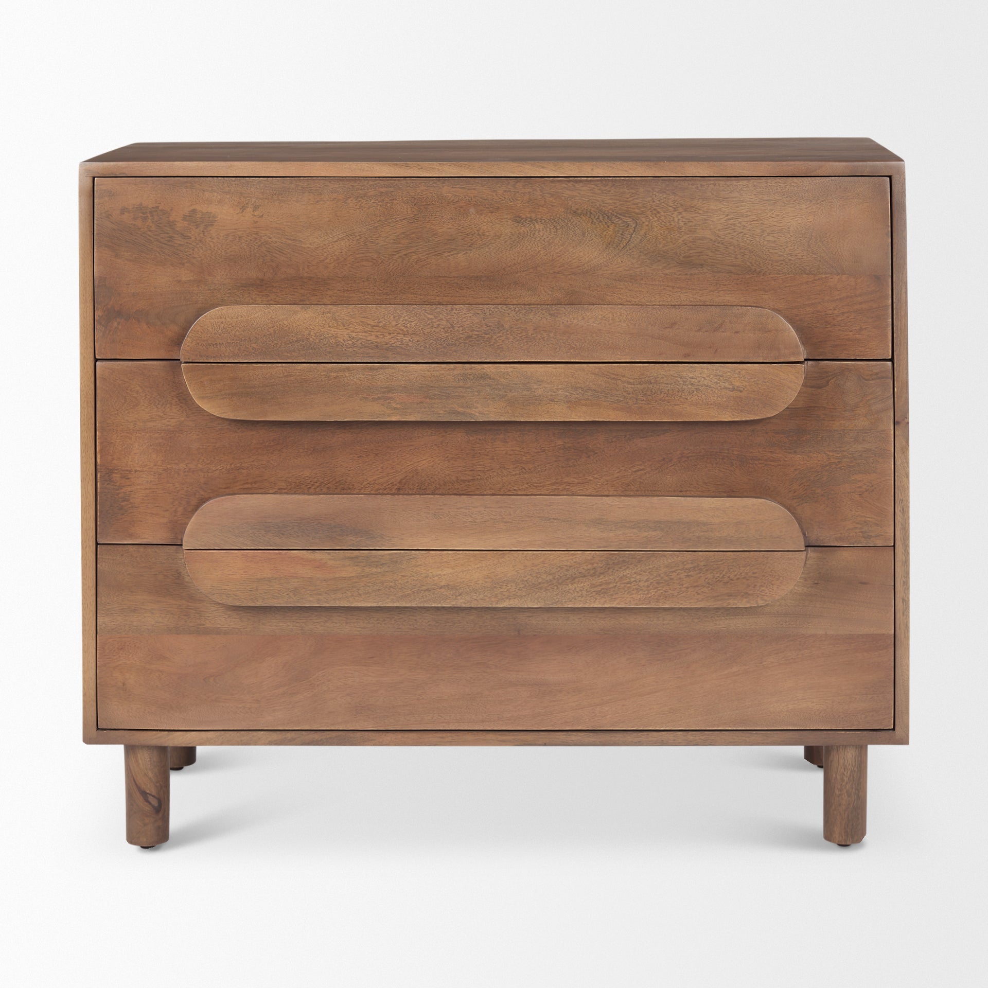 Front view of the Astrid 3-drawer cabinet featuring a warm walnut finish on solid wood with unique integrated oval-shaped drawer pulls
