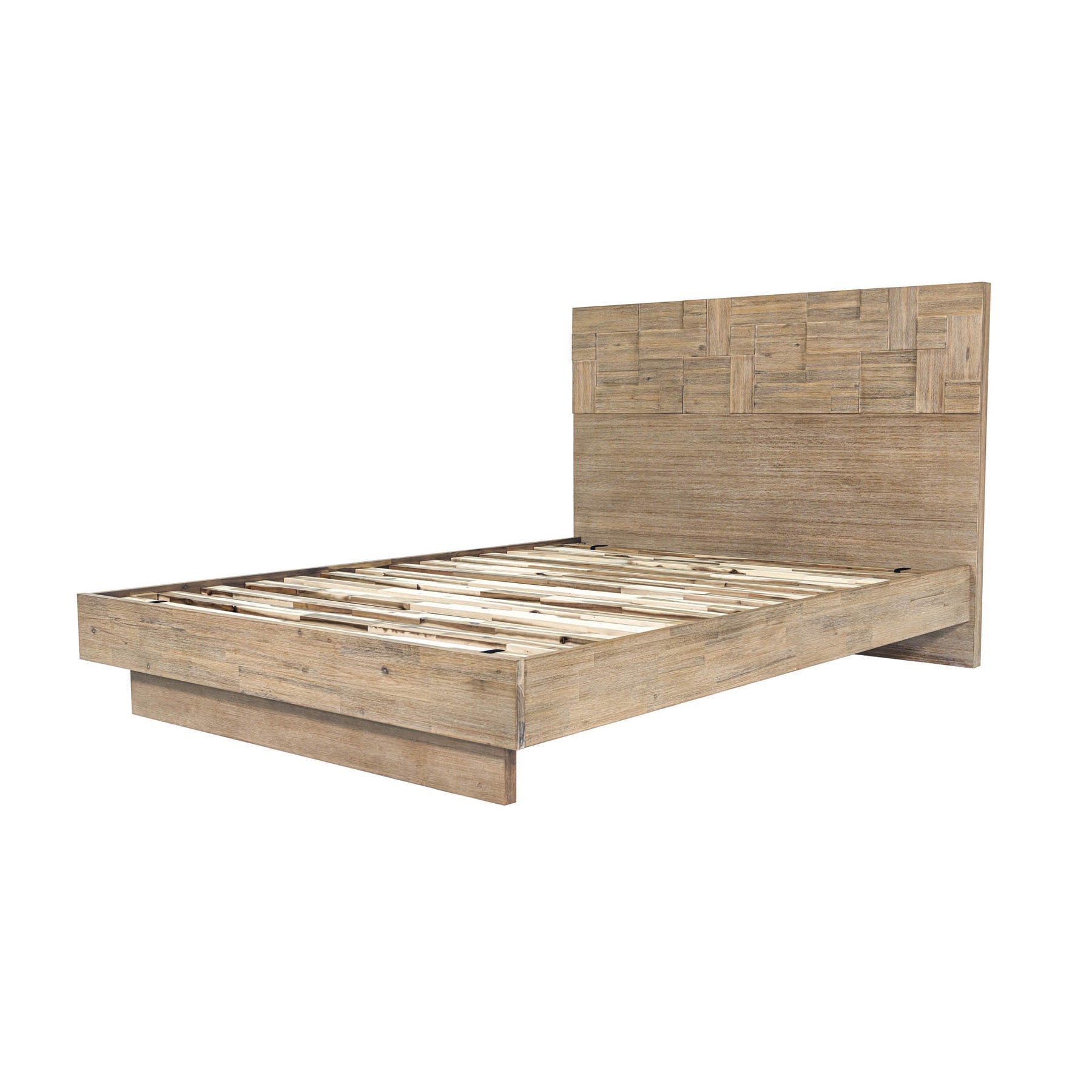 Front view of the Atlantis platform bed featuring a tall headboard with a unique patchwork wood inlay and light driftwood finish