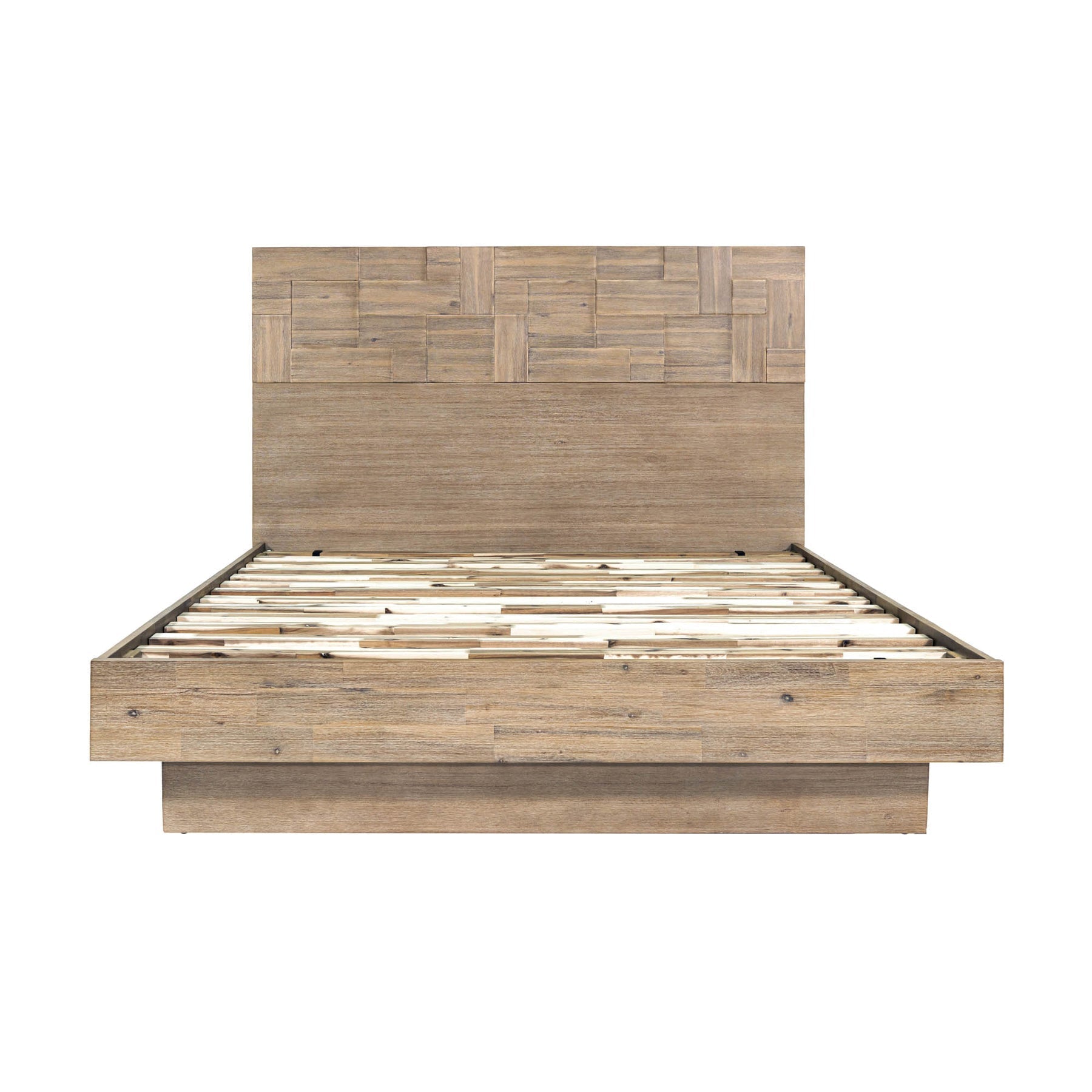 Front view of the Atlantis platform bed featuring a tall headboard with a unique patchwork wood inlay and light driftwood finish