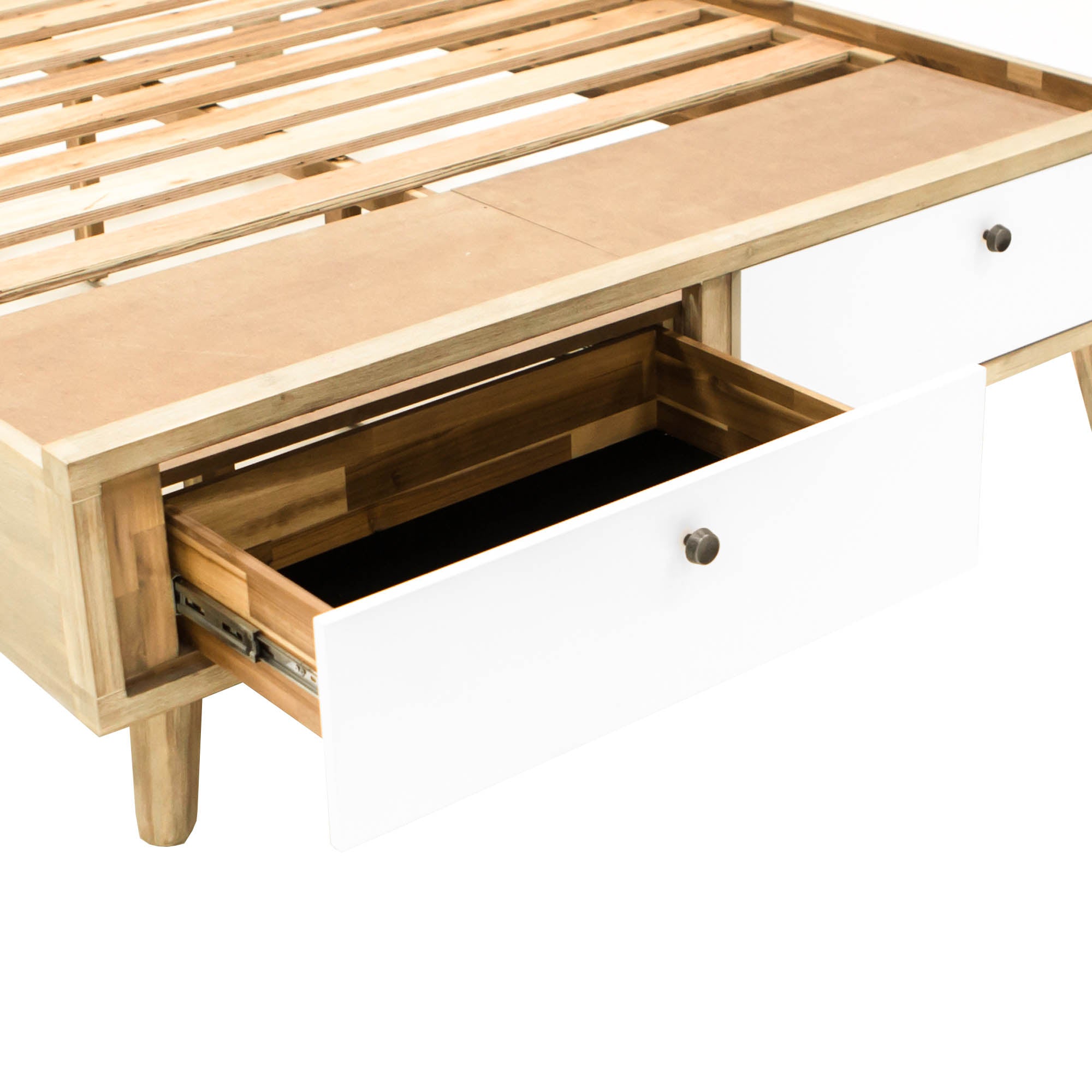 Front view of the Ava king platform bed featuring a tall upholstered headboard in a textured white bouclé fabric
