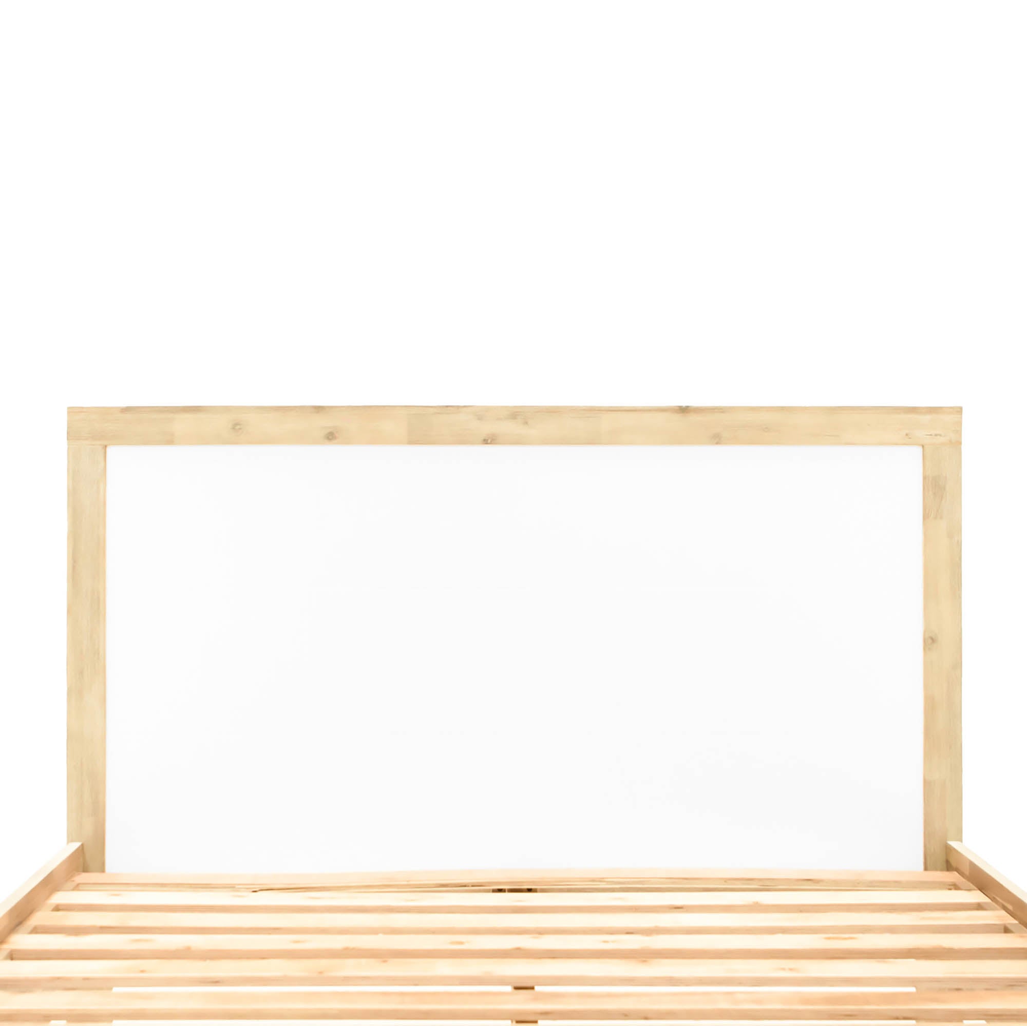 Front view of the Ava king platform bed featuring a tall upholstered headboard in a textured white bouclé fabric