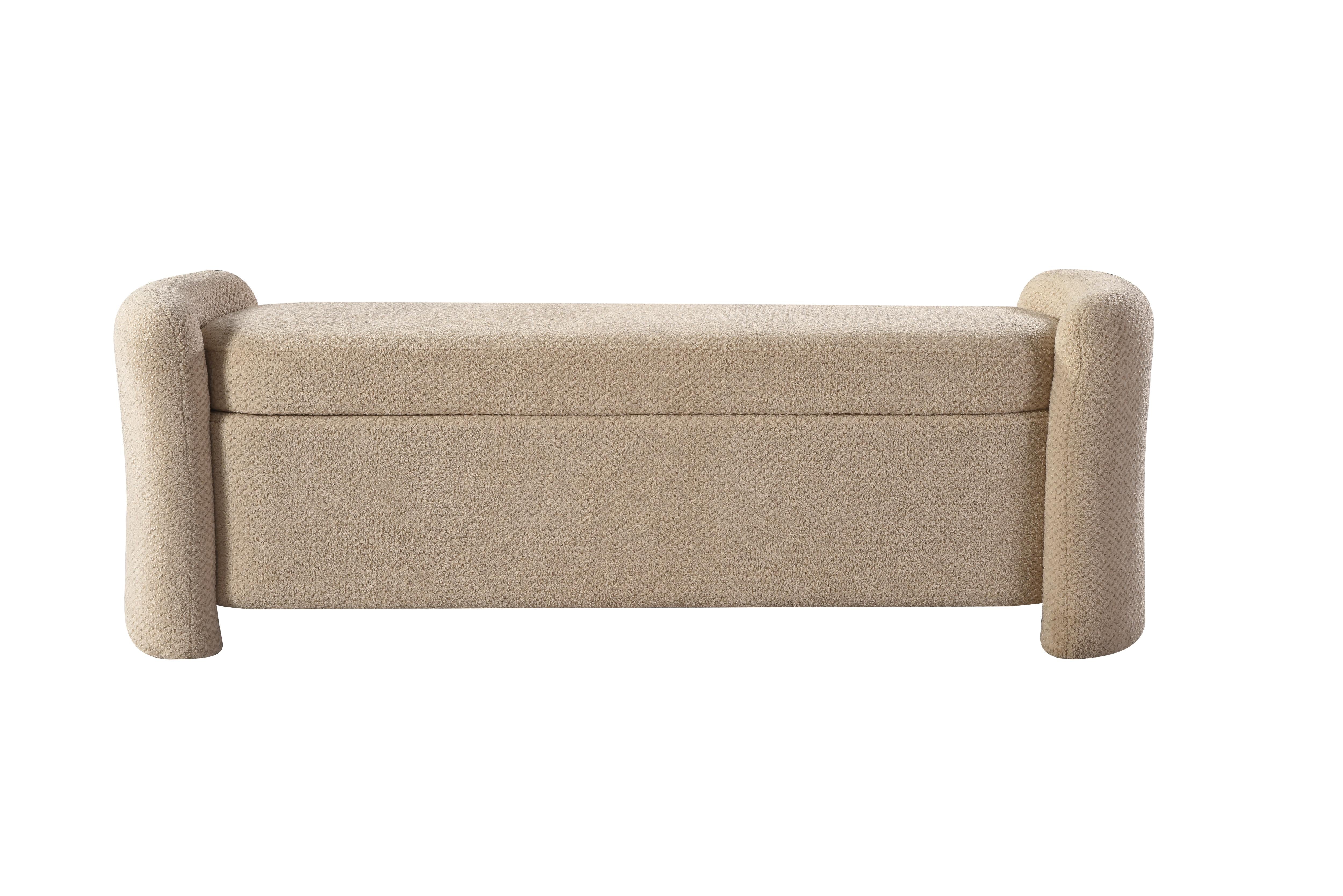 Front view of the Baenk upholstered bench featuring a cream textured fabric and soft rounded armrests