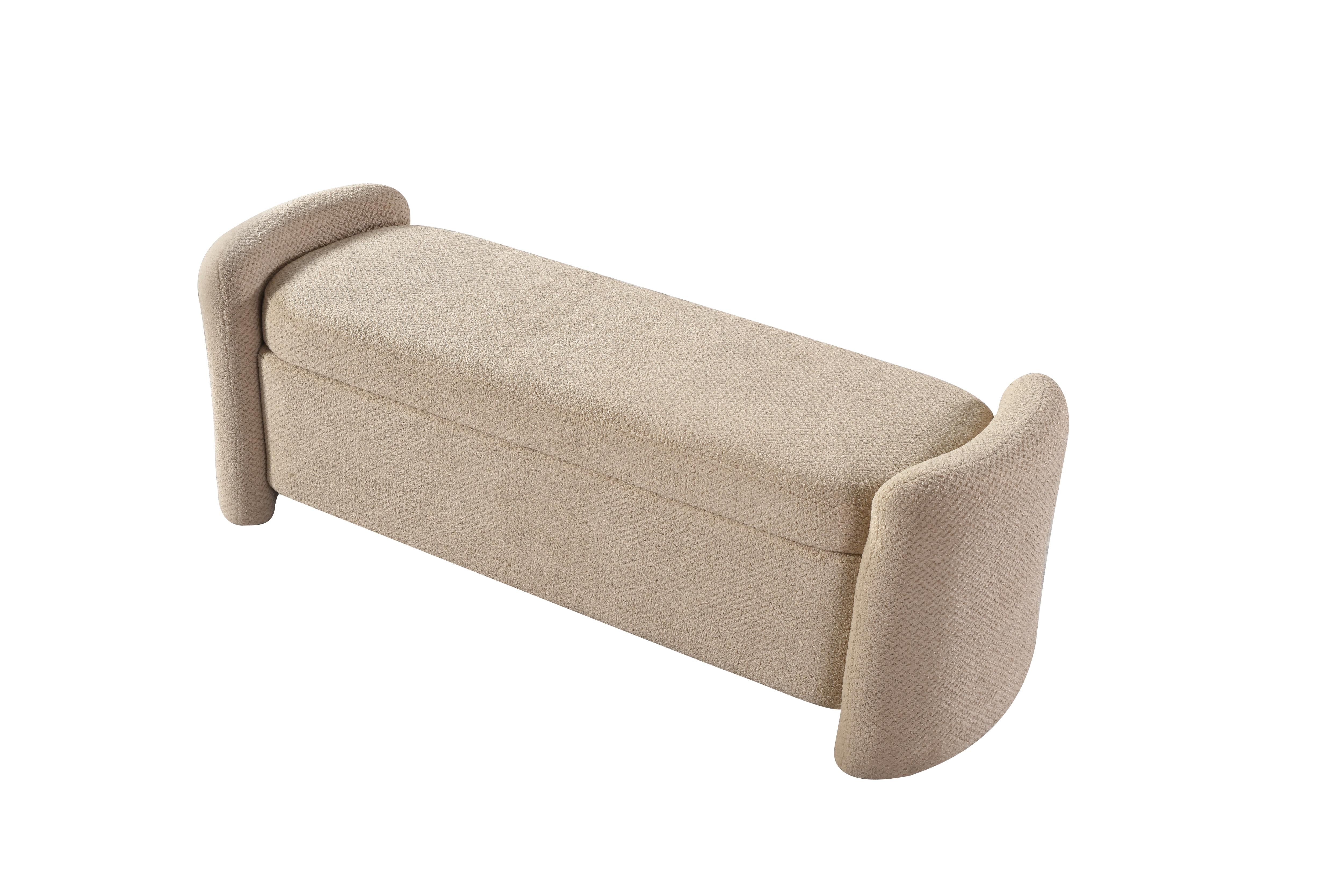 Front view of the Baenk upholstered bench featuring a cream textured fabric and soft rounded armrests
