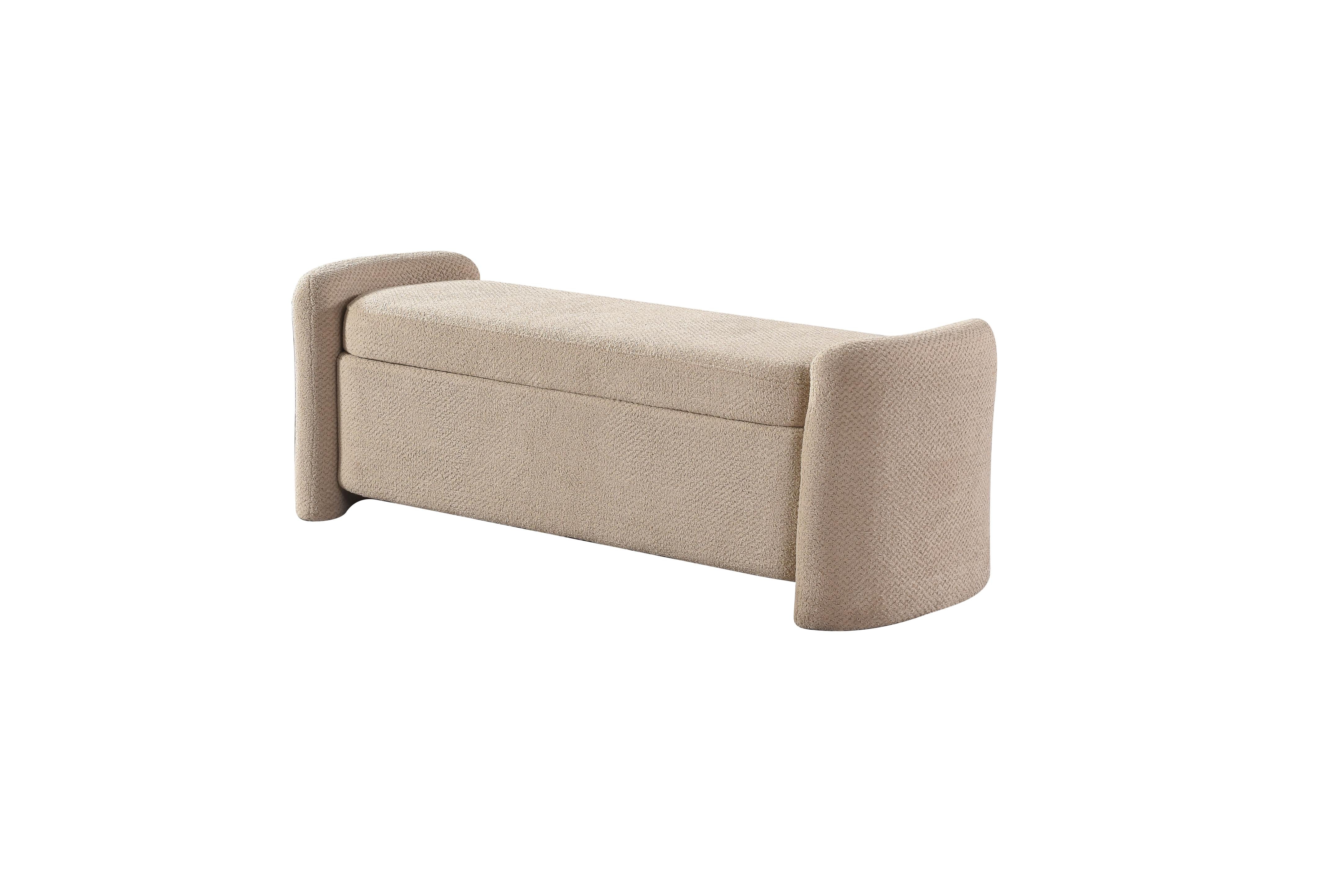 Front view of the Baenk upholstered bench featuring a cream textured fabric and soft rounded armrests