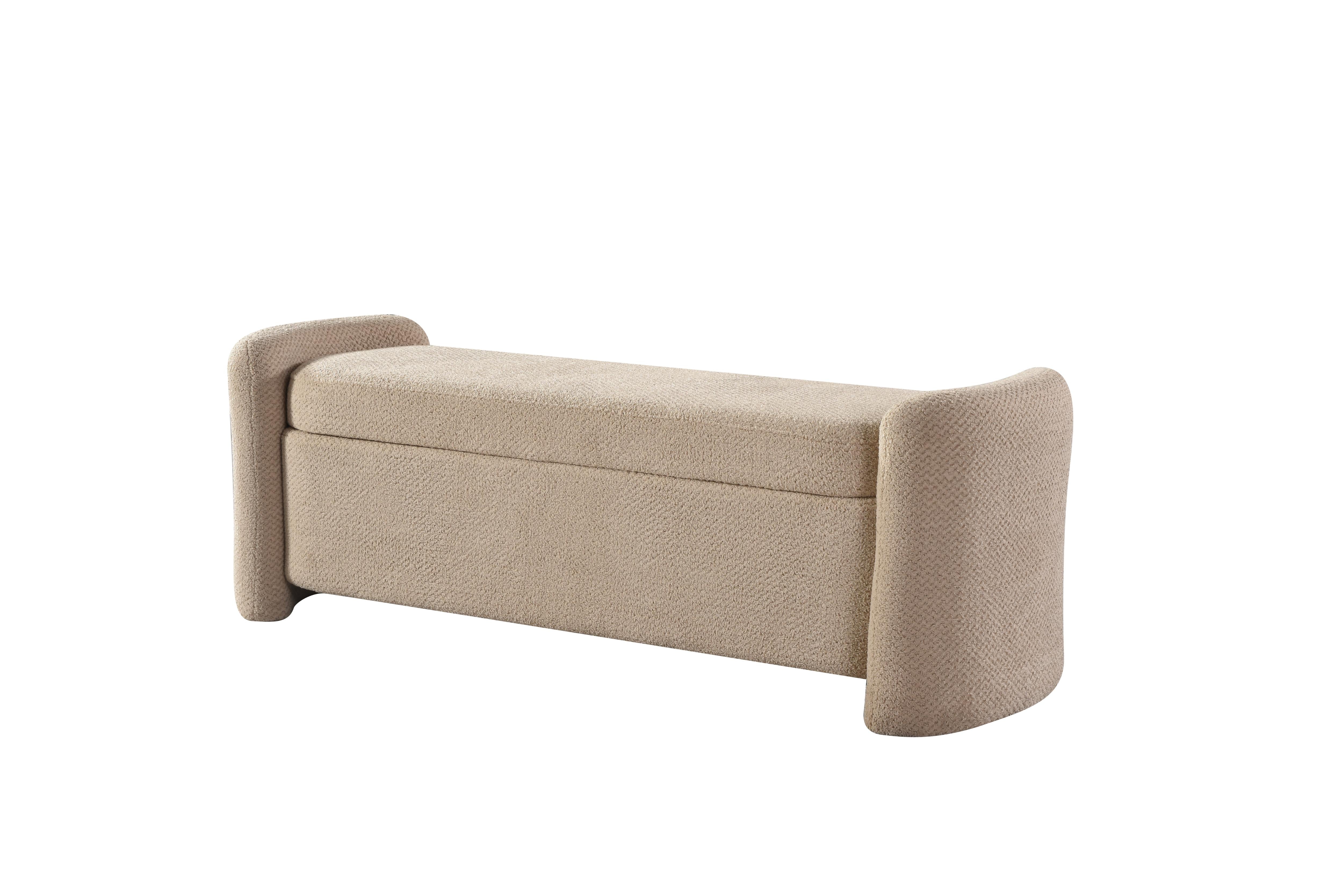 Front view of the Baenk upholstered bench featuring a cream textured fabric and soft rounded armrests