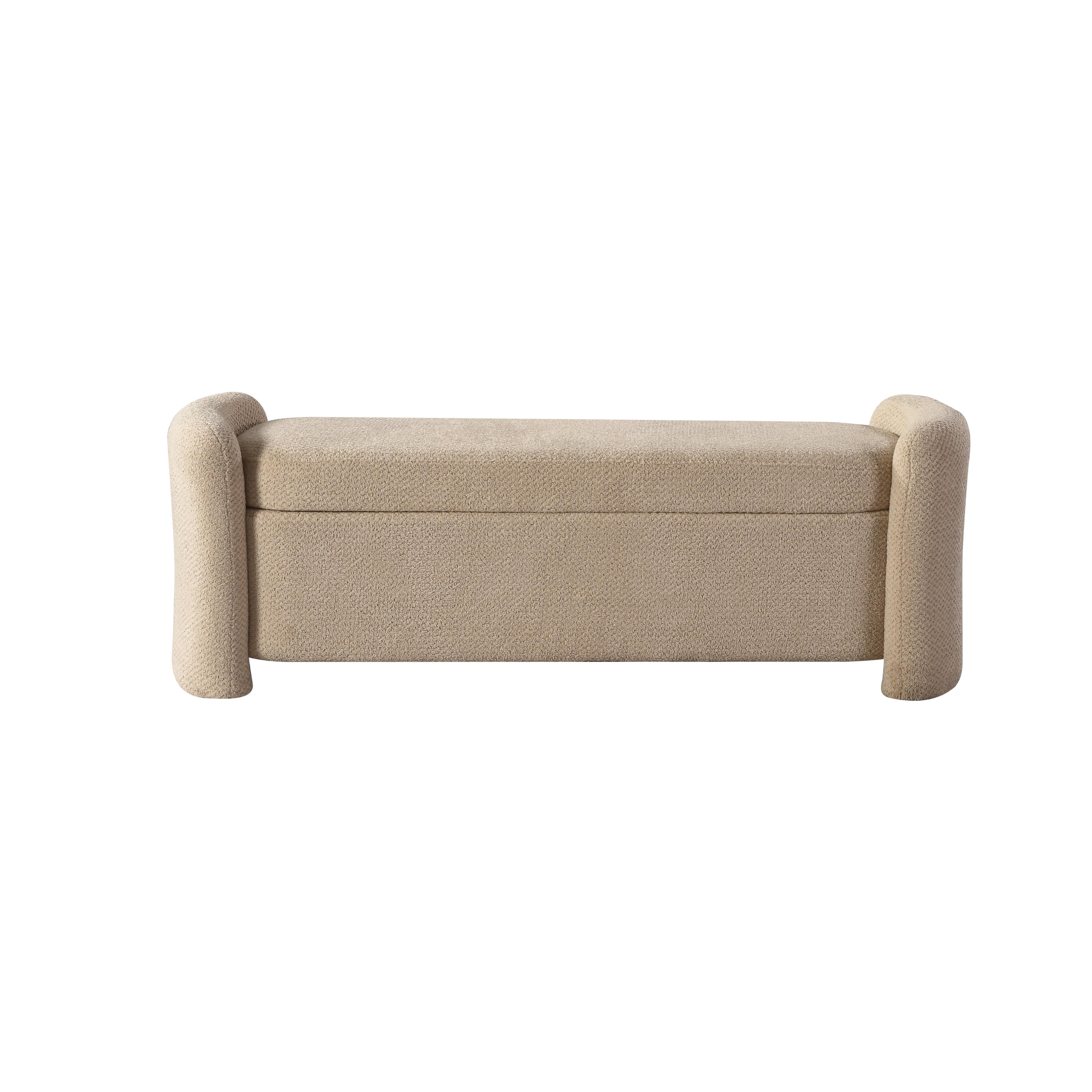 Front view of the Baenk upholstered bench featuring a cream textured fabric and soft rounded armrests