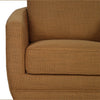 Detailed view of the curved armrest and the high-quality stitching on the caramel fabric