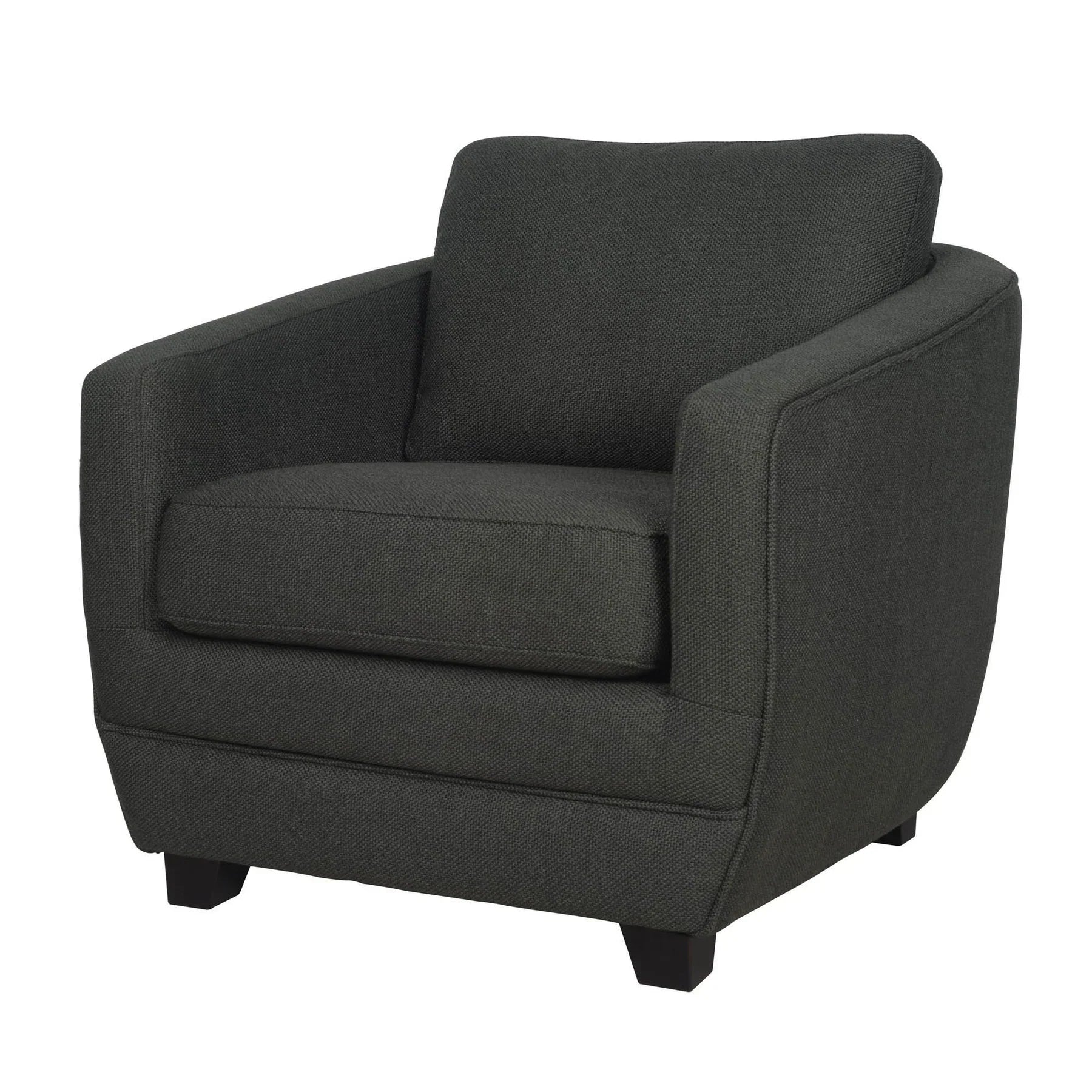 Front angled view of the Baltimo chair variant in charcoal grey textured upholstery