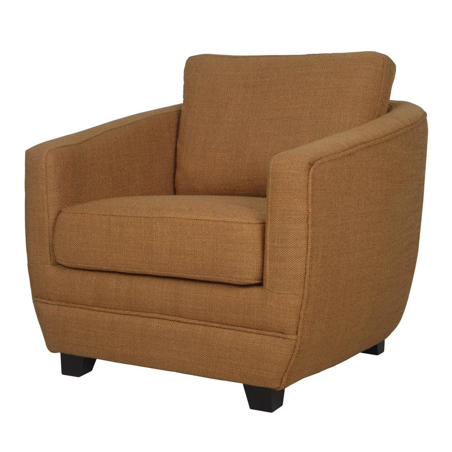 Three-quarter perspective of the caramel Baltimo chair highlighting the deep seat and plush back cushion