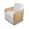 Three-quarter view of the Becca chair highlighting the curved oak armrests and textured natural upholstery.