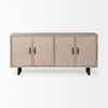 Front view of the Bellefontaine sideboard featuring textured grasscloth door panels and matte black vertical metal handles