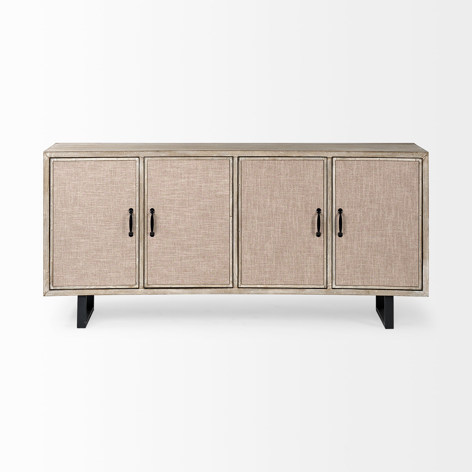 Front view of the Bellefontaine sideboard featuring textured grasscloth door panels and matte black vertical metal handles