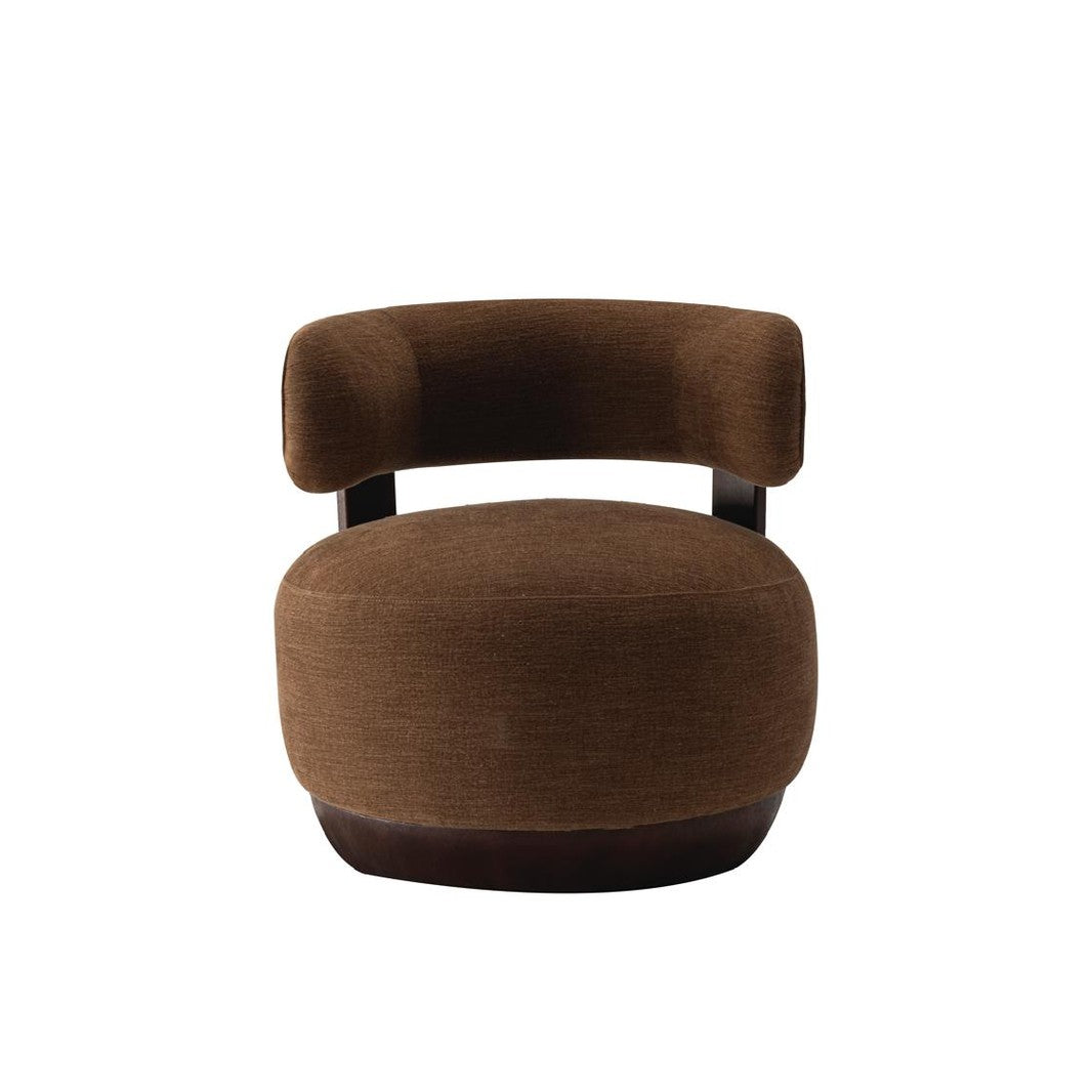 Front view of the Belo Lounge Chair featuring a circular plush seat and a curved wrap-around backrest in coffee brown fabric