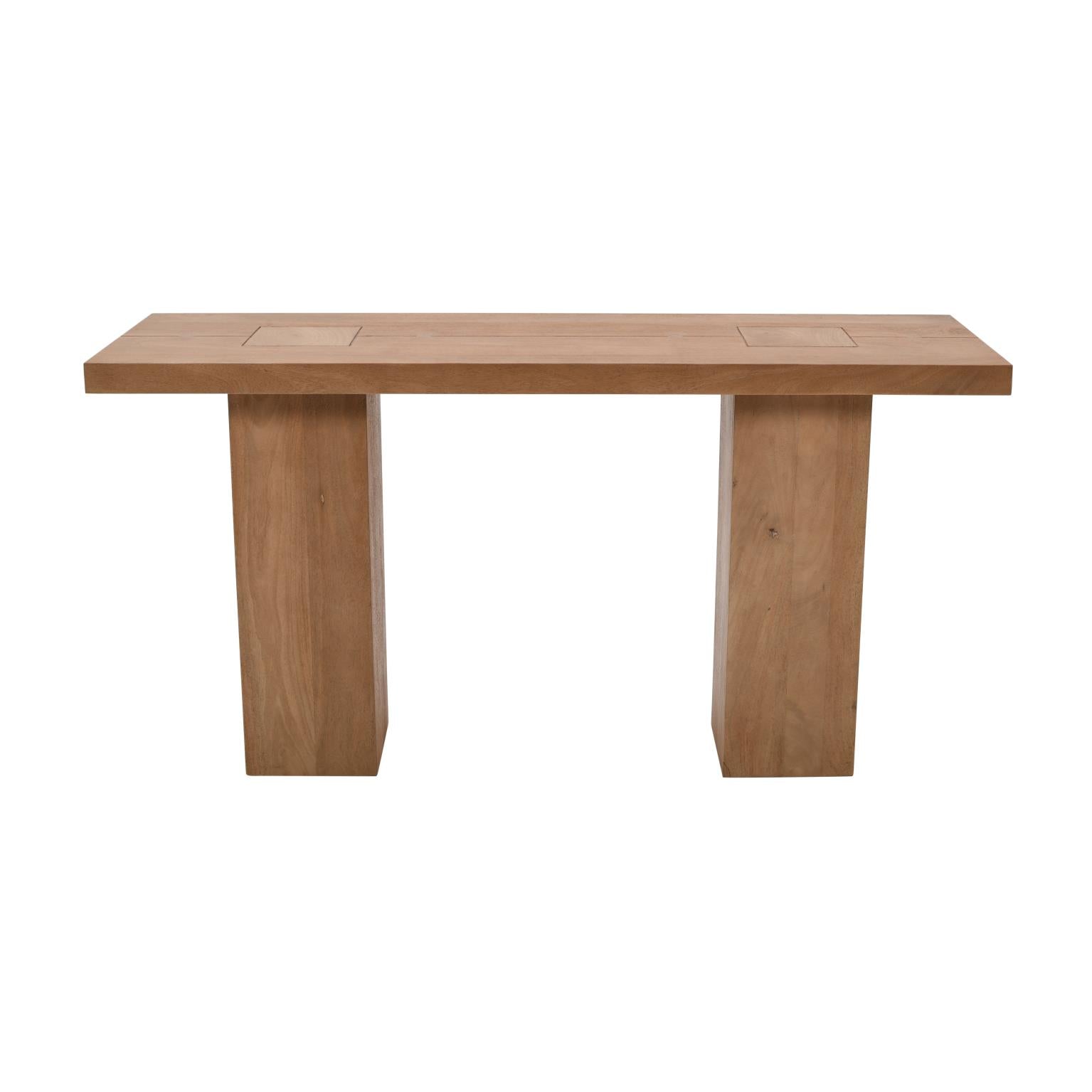 Front view of the Berg console table in natural light-toned wood featuring a thick rectangular tabletop and substantial block-style legs
