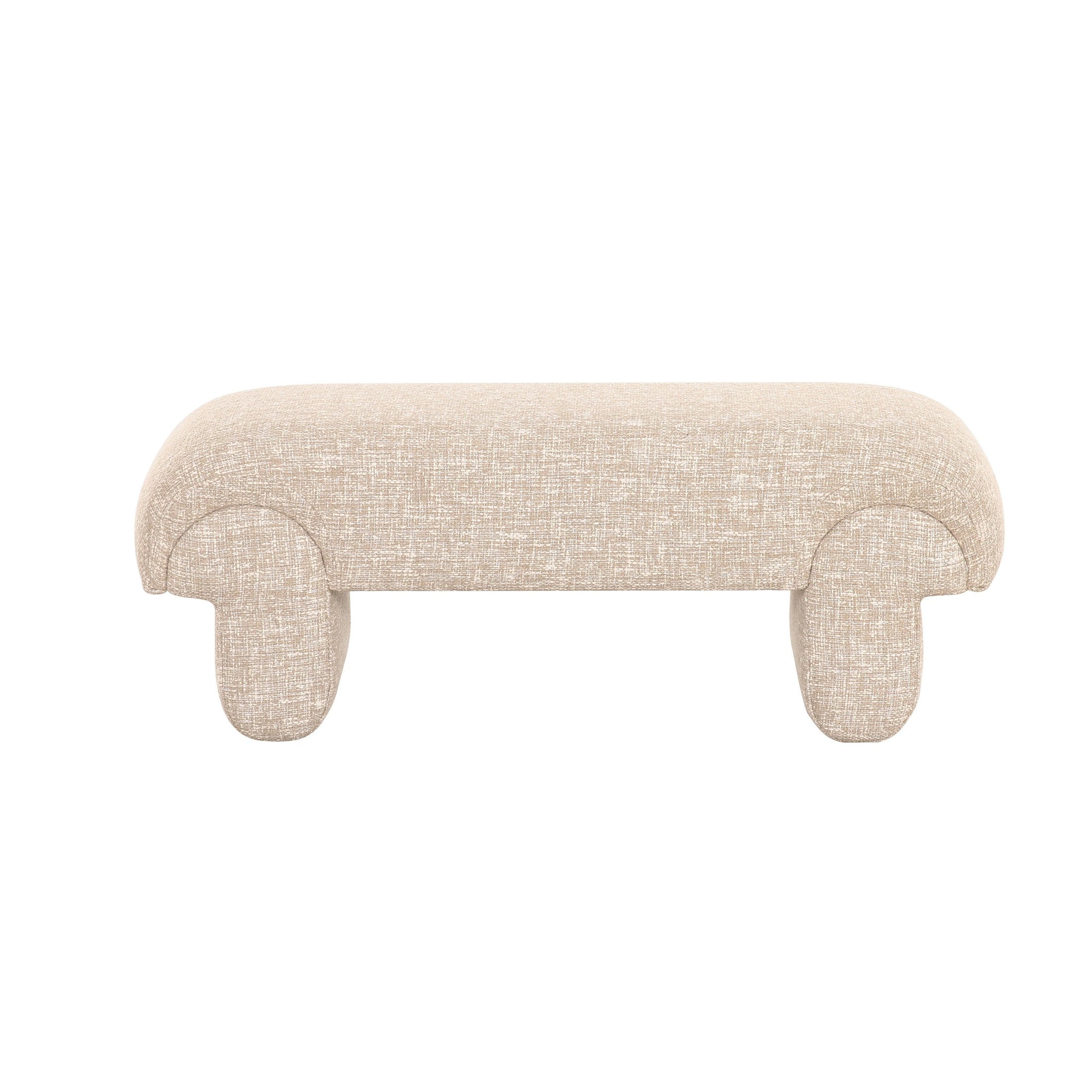 Berger upholstered bench in cream textured fabric with unique sculpted pedestal base