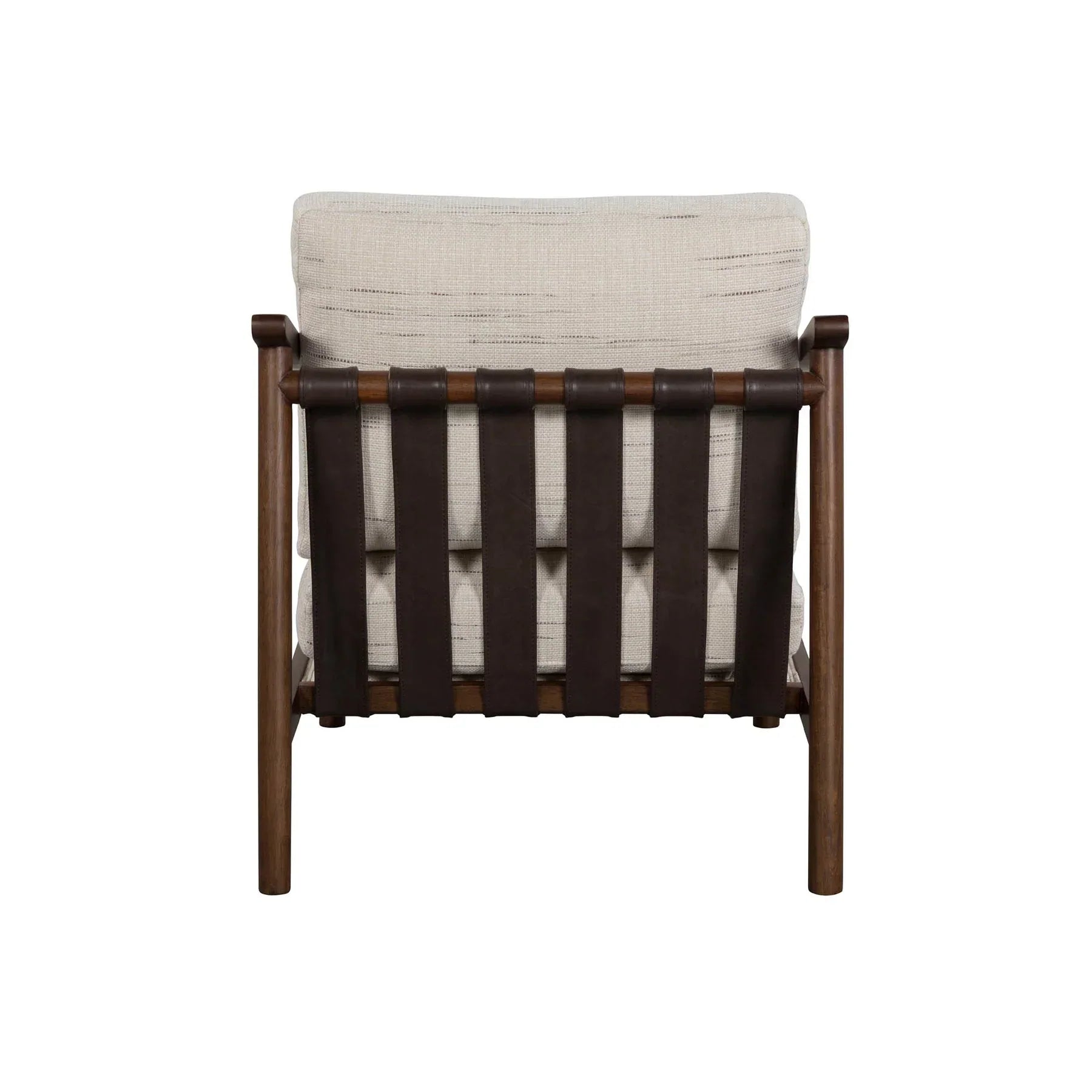 Direct back view demonstrating the signature vertical slatted wood design and sturdy frame