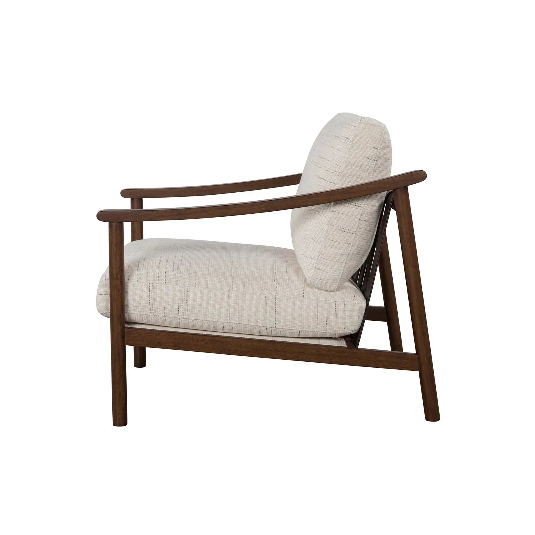 Side profile showcasing the architectural wooden frame and the lean of the backrest