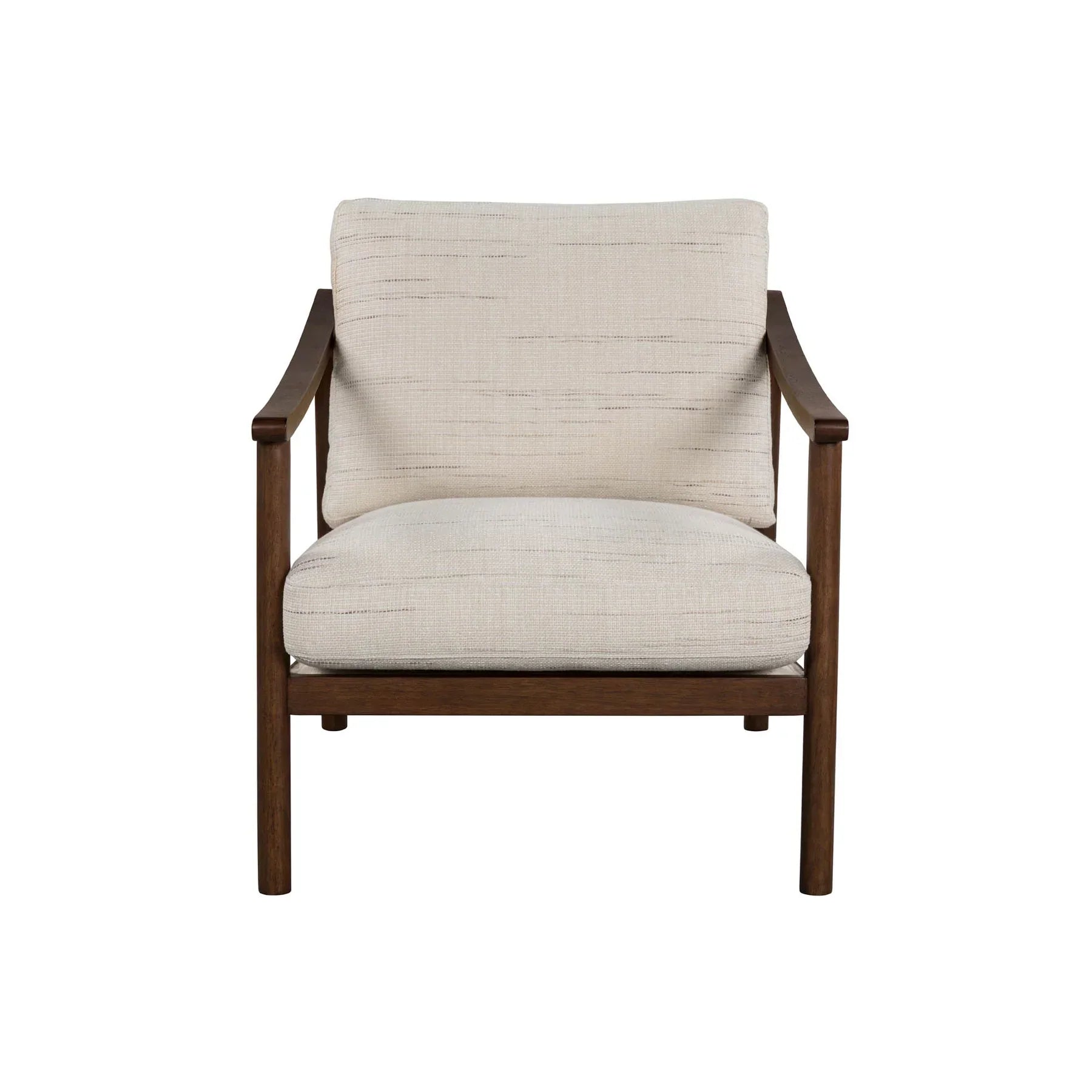 Front view of the Bernard Club Chair in Shoji Cream linen upholstery with a dark walnut wood frame