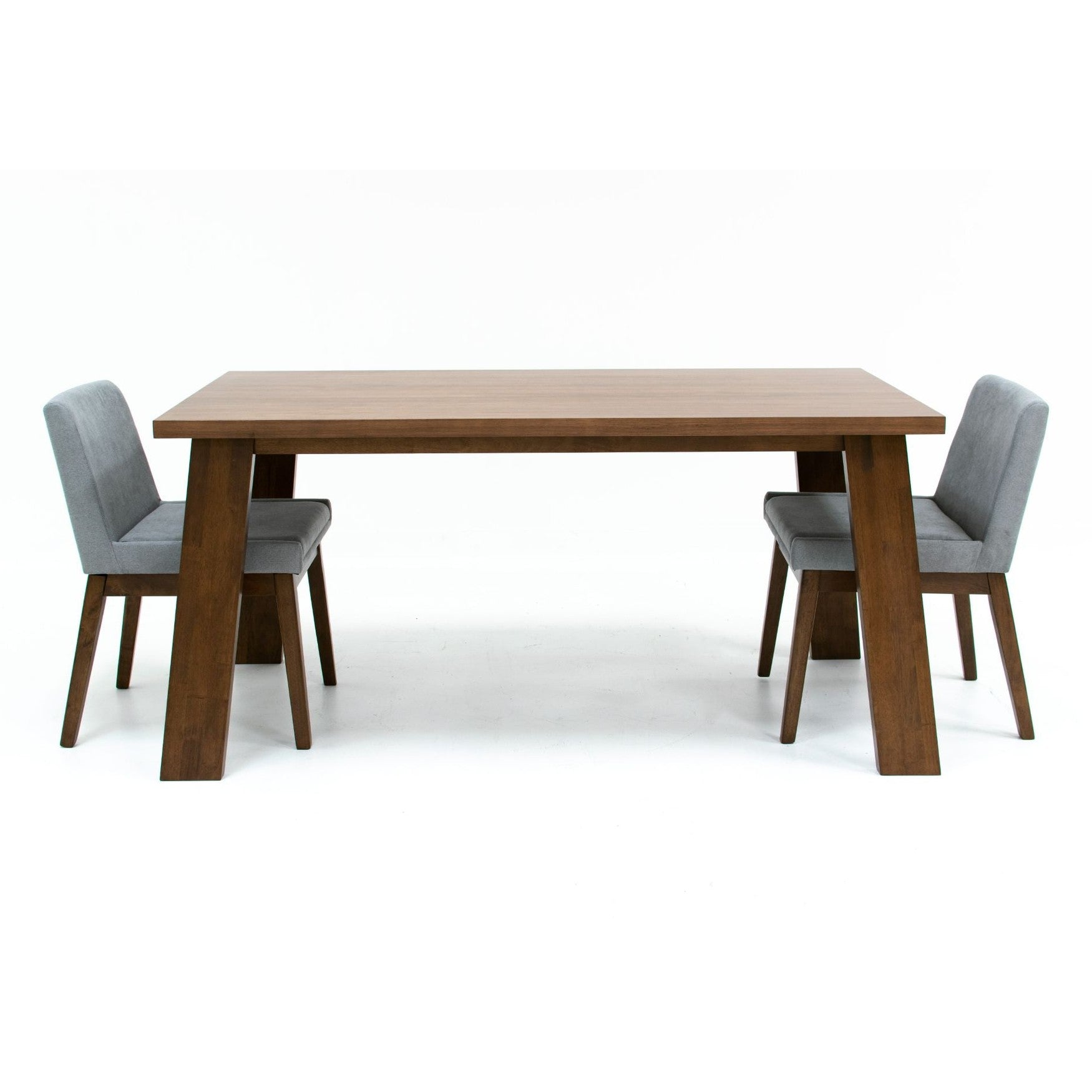 High-angle lifestyle shot showcasing the table styled as a complete set with four grey and black dining chairs