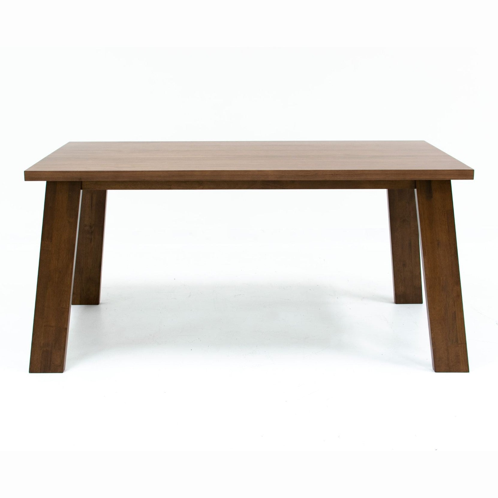 Front view of the Bessa rectangular dining table in a rich walnut finish featuring thick tapered block legs