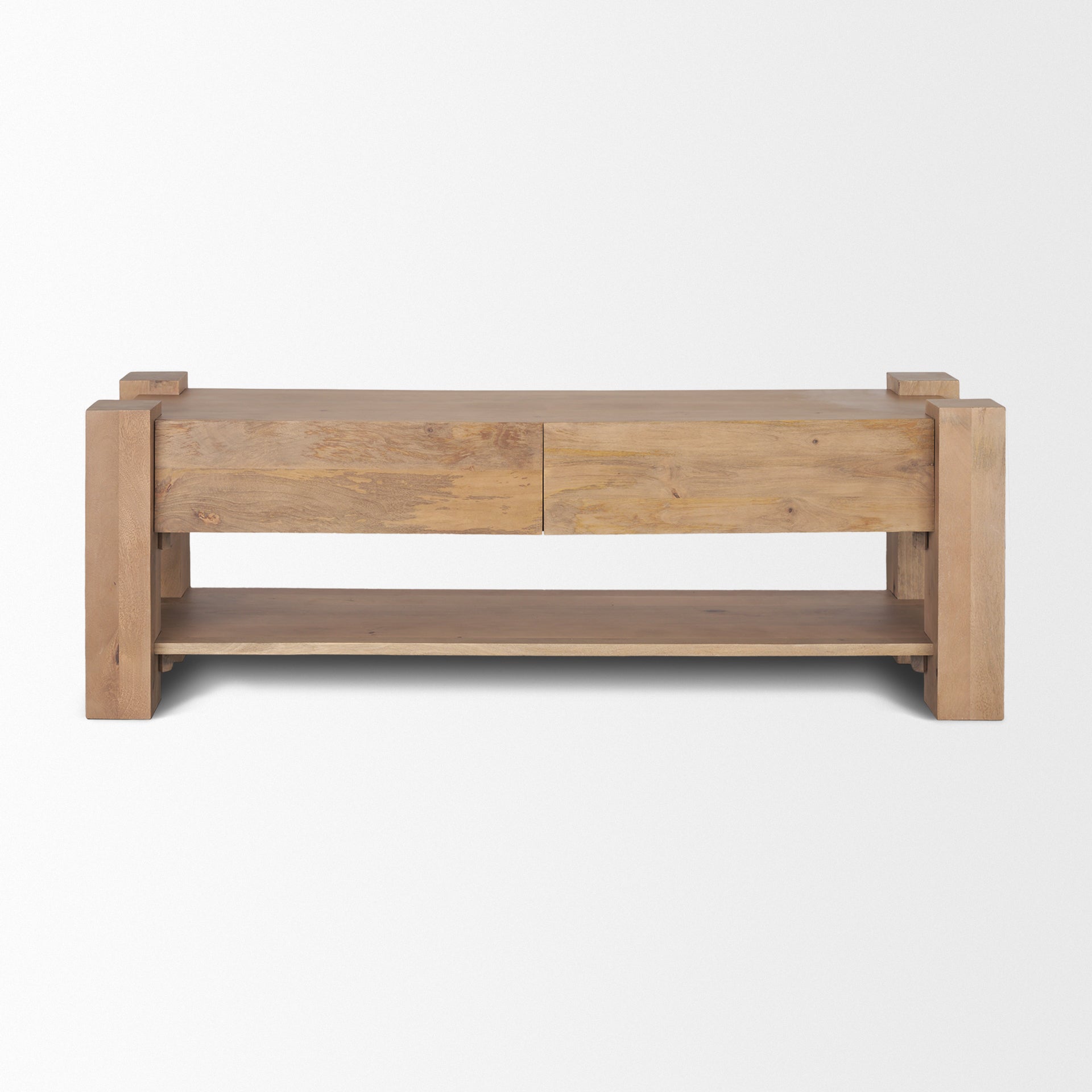 Front view of the Beth media console in light brown solid wood featuring dual storage drawers and an open lower shelf with a chunky architectural frame