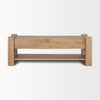 Front view of the Beth media console in light brown solid wood featuring dual storage drawers and an open lower shelf with a chunky architectural frame