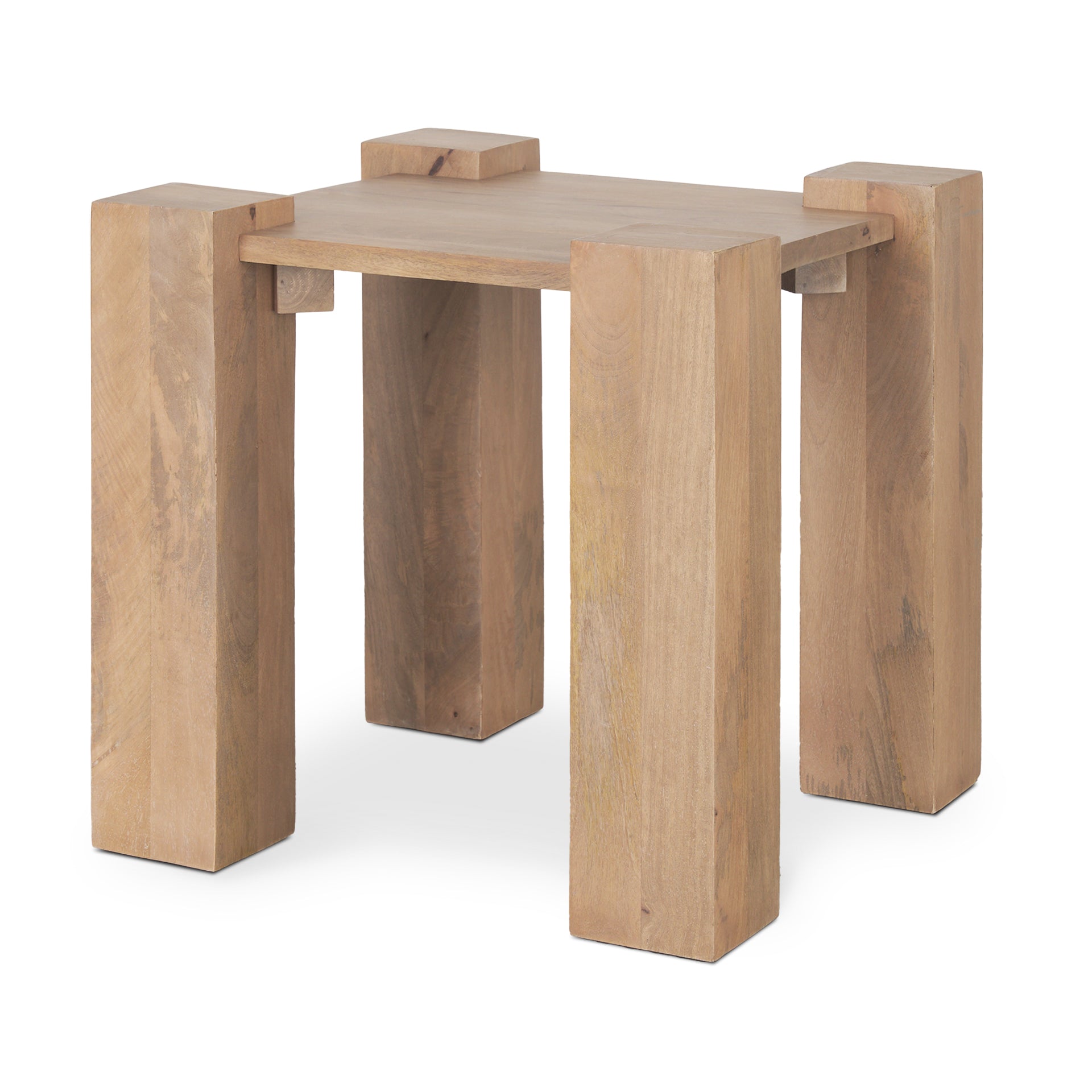 Three-quarter view of the Beth square accent table in light brown wood featuring a flat tabletop and thick block-style corner legs