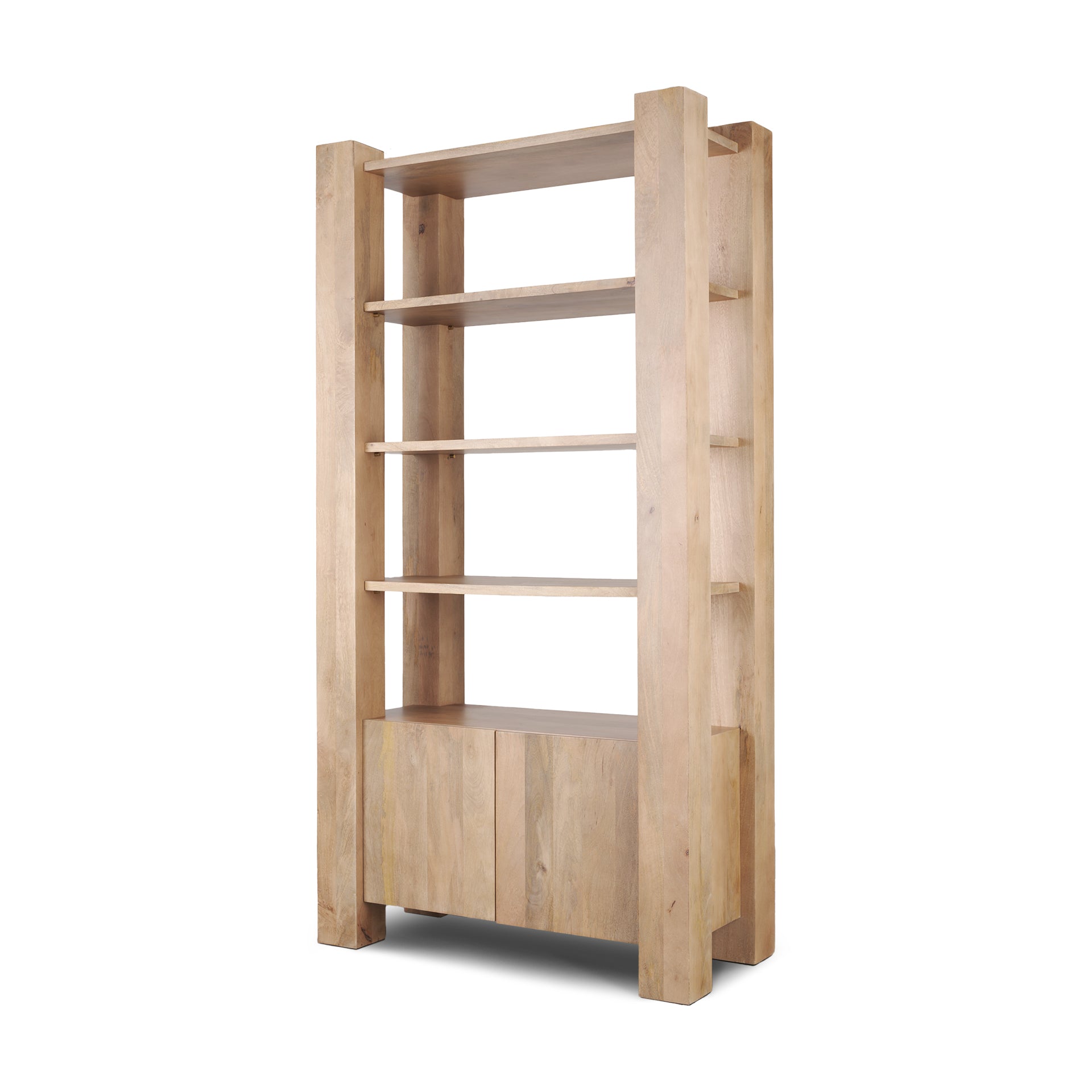 Straight-on front view highlighting the architectural vertical pillars and symmetrical open shelving