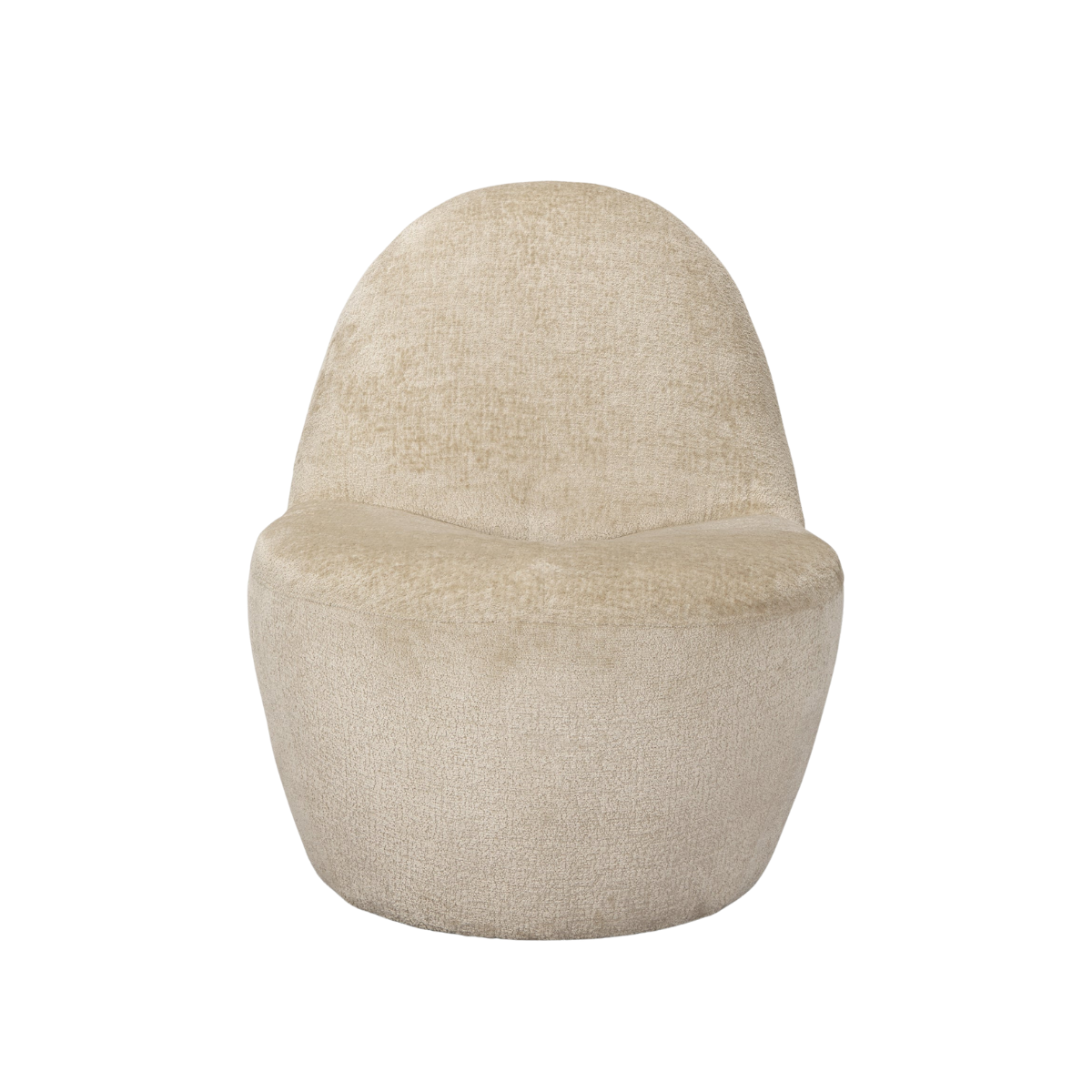 Front view of the Beverly high-back accent chair in oatmeal bouclé fabric with a sculptural pebble silhouette.