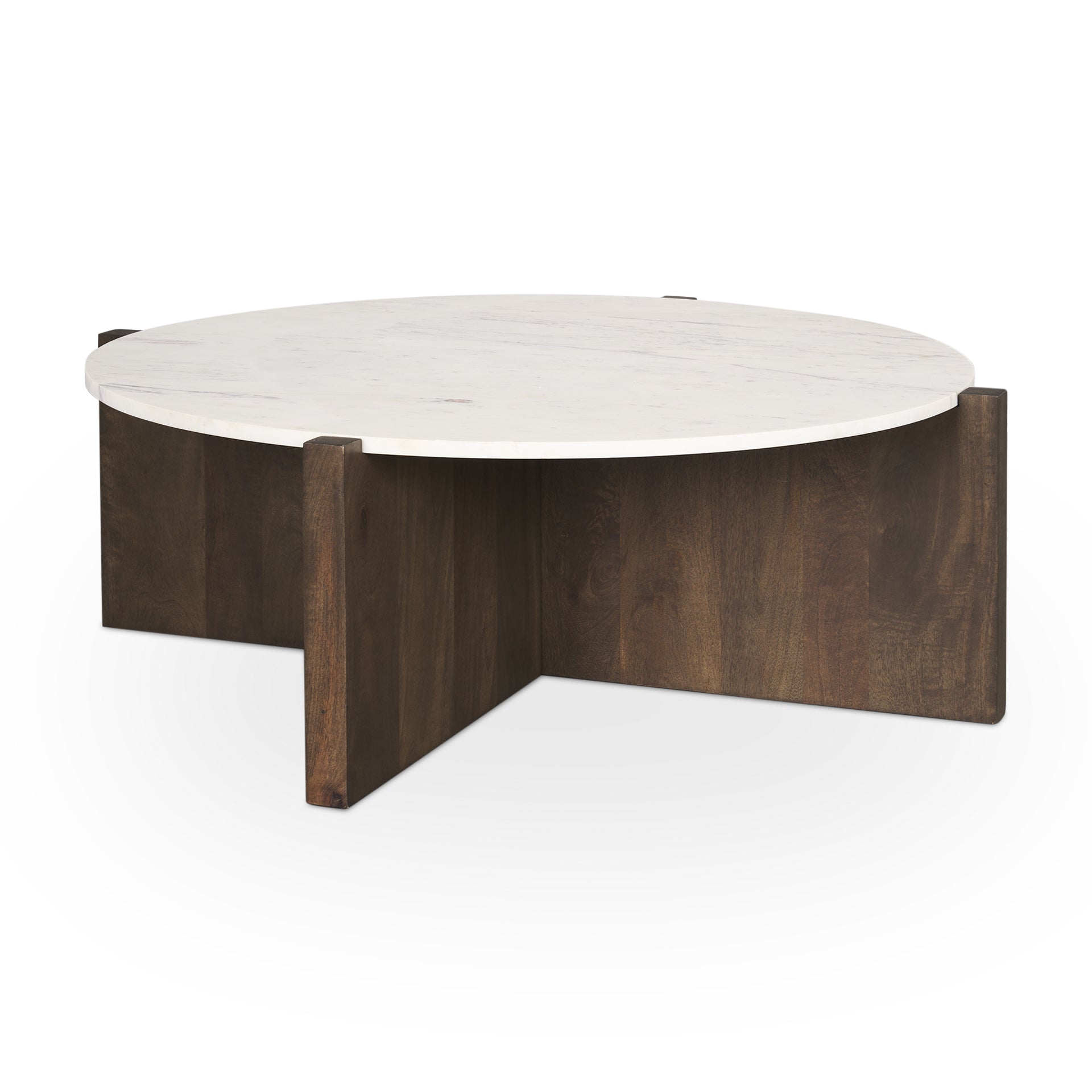 Three-quarter perspective highlighting the thin marble surface and the architectural geometry of the dark wood base